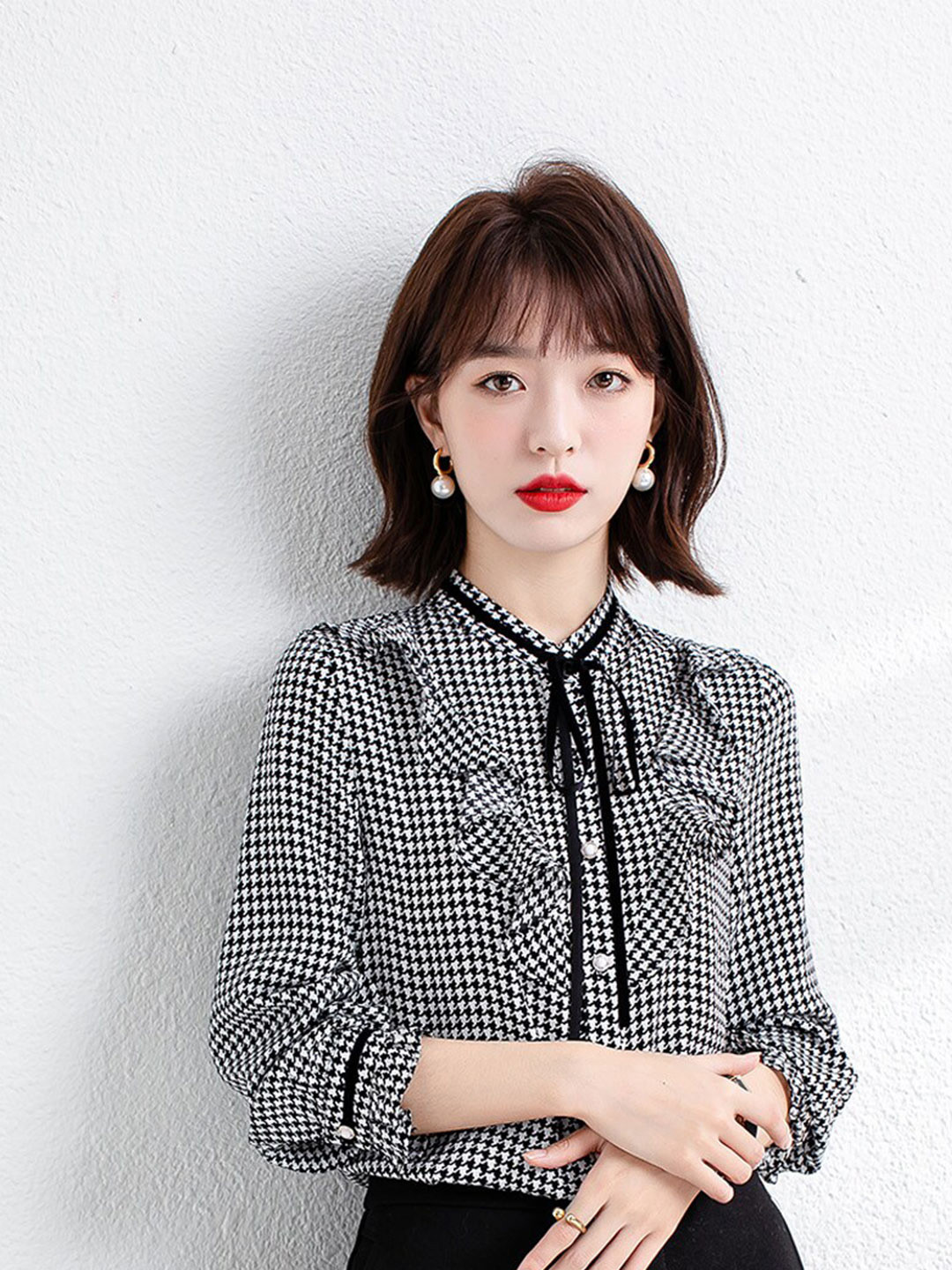 

JC Collection Abstract Printed Mandarin Collar With Tie-Up Ruffled Shirt, Black