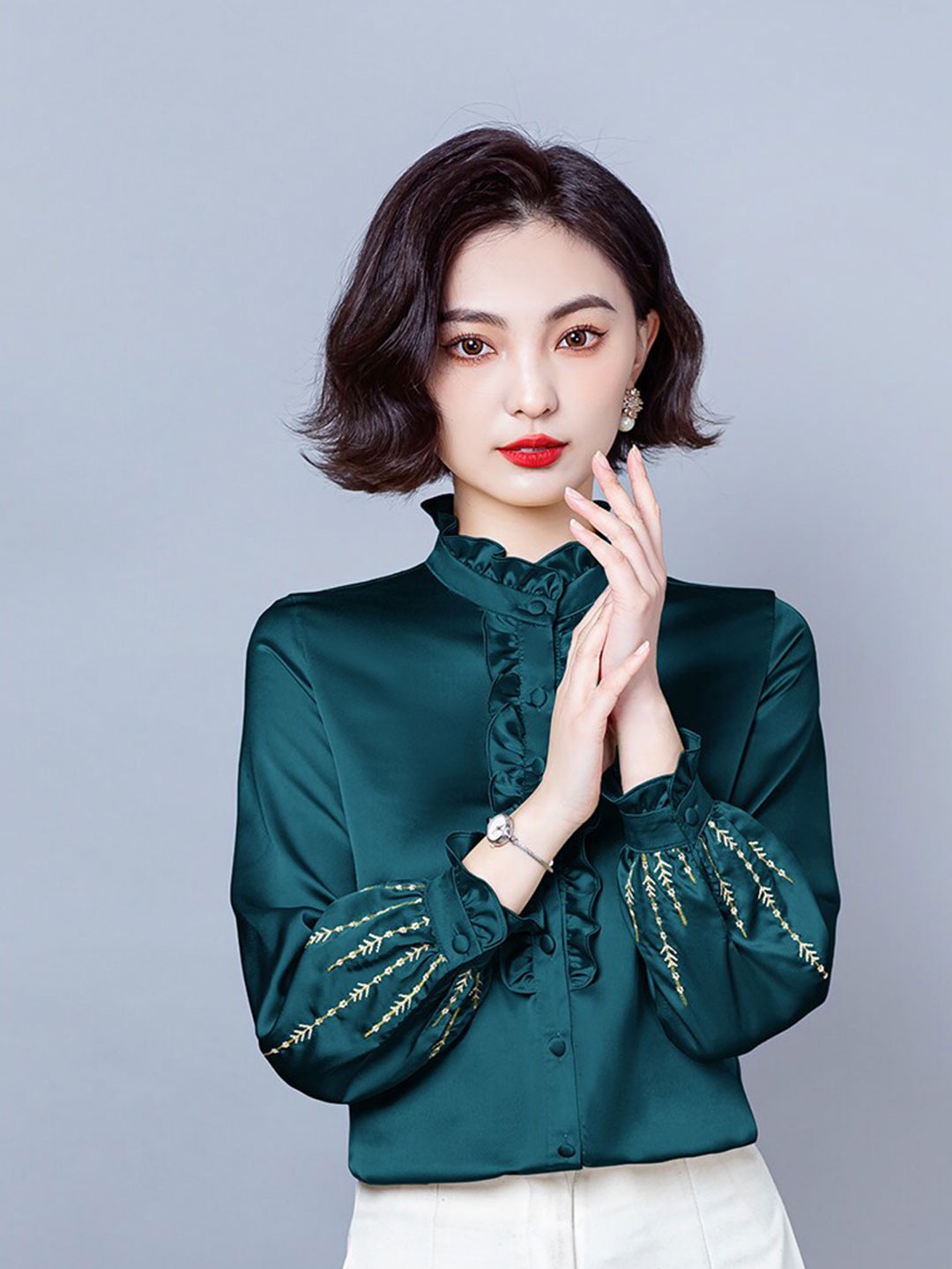 

JC Collection Floral Embroidered Ruffled Opaque Casual Shirt, Green