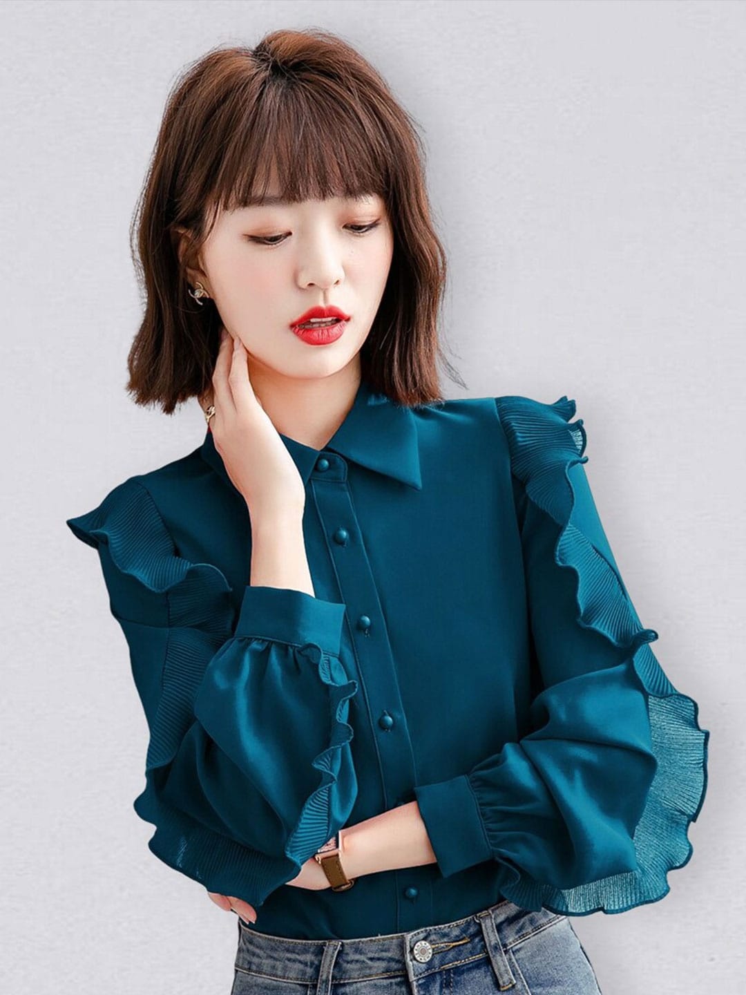 

JC Collection Spread Collar Cuffed Sleeves Ruffled Shirt Style Top, Blue