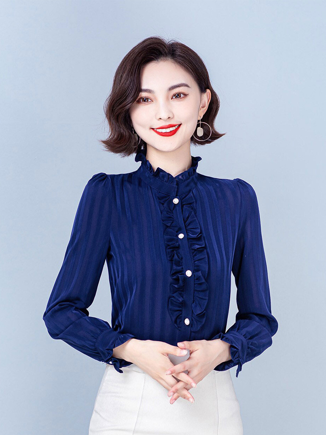

JC Collection Band Collar Long Sleeves Ruffles Shirt, Blue