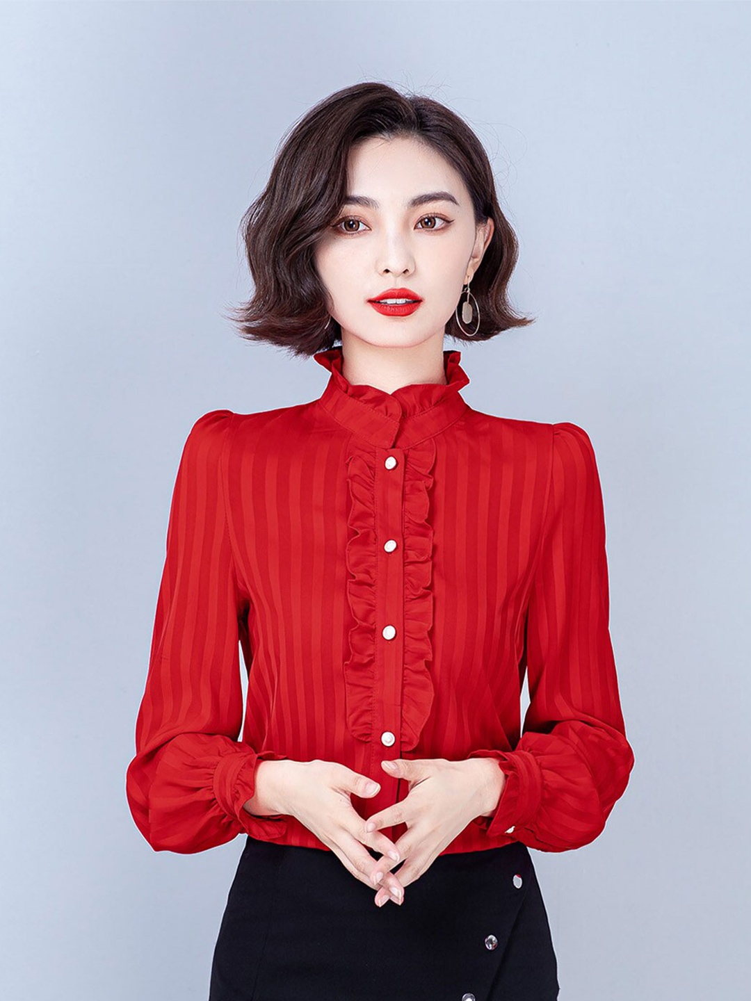 

JC Collection Band Collar Long Sleeves Ruffles Shirt, Red