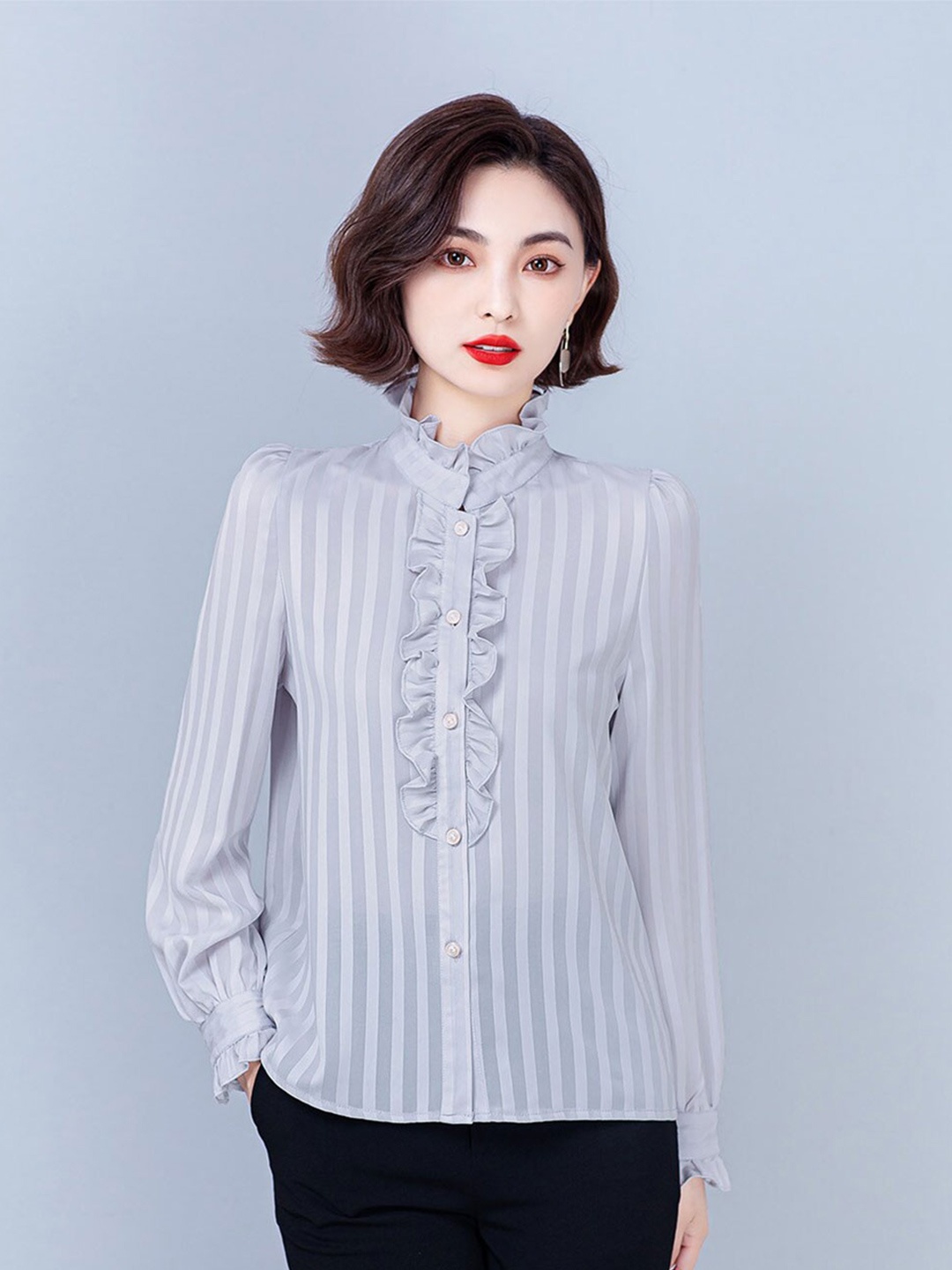 

JC Collection Band Collar Long Sleeves Ruffles Shirt, Grey