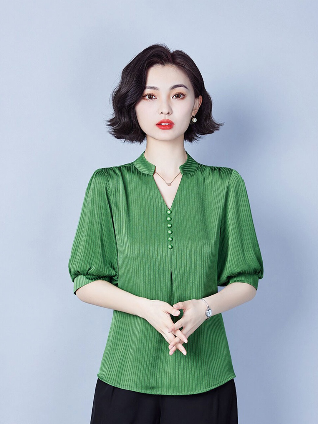 

JC Collection Mandarin Collar Puff Sleeves Shirt Style Top, Green