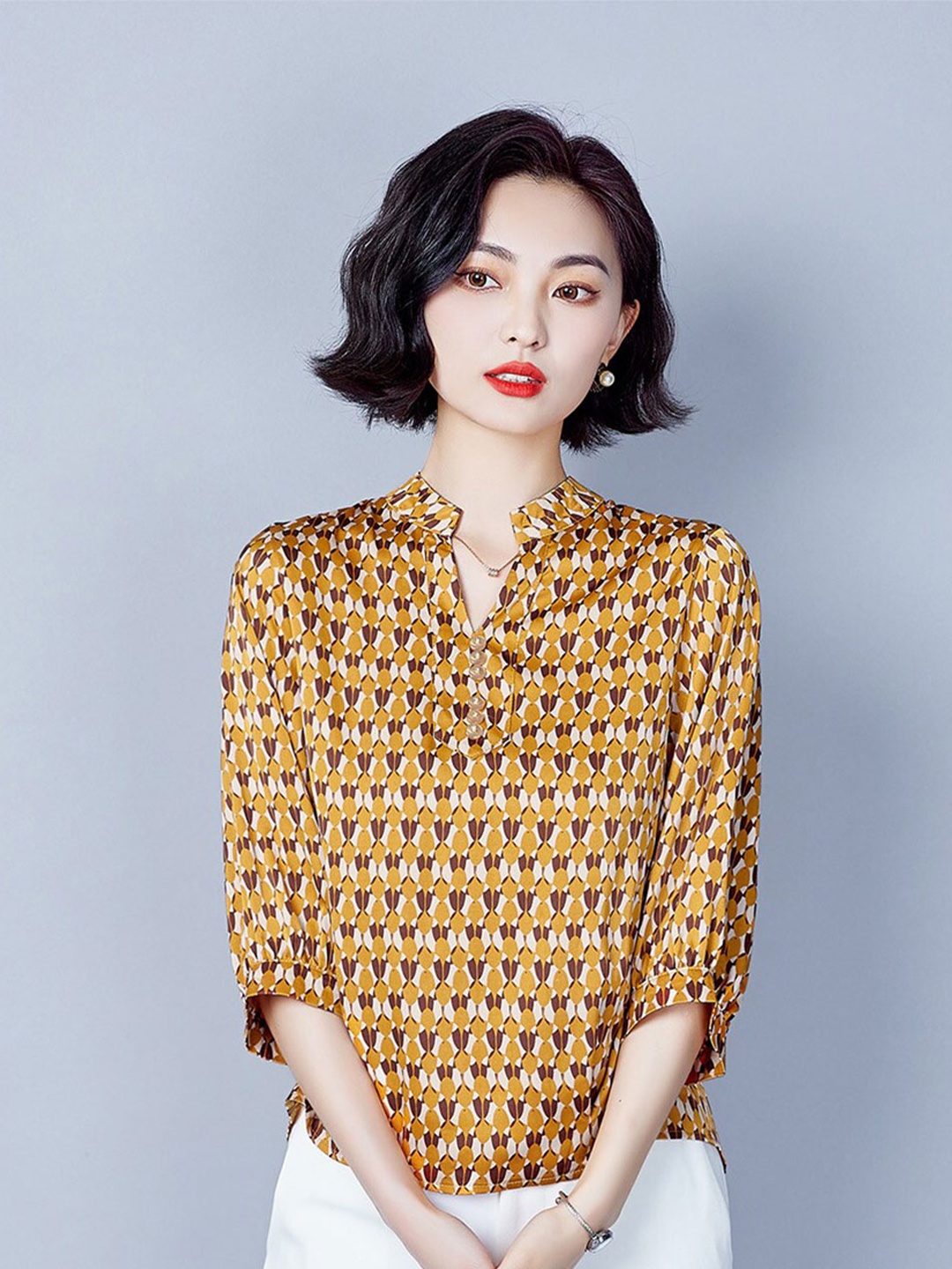 

JC Collection Conversational Printed Mandarin Collar Shirt Style Top, Yellow