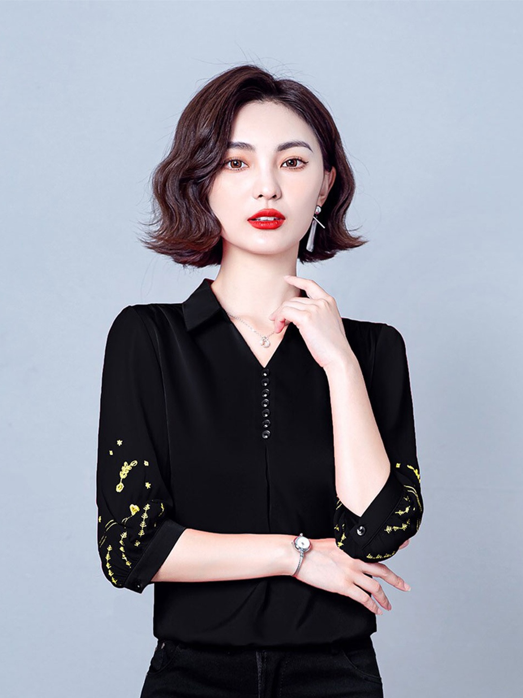 

JC Collection Band Collar Embroidered Puff Sleeves Top, Black