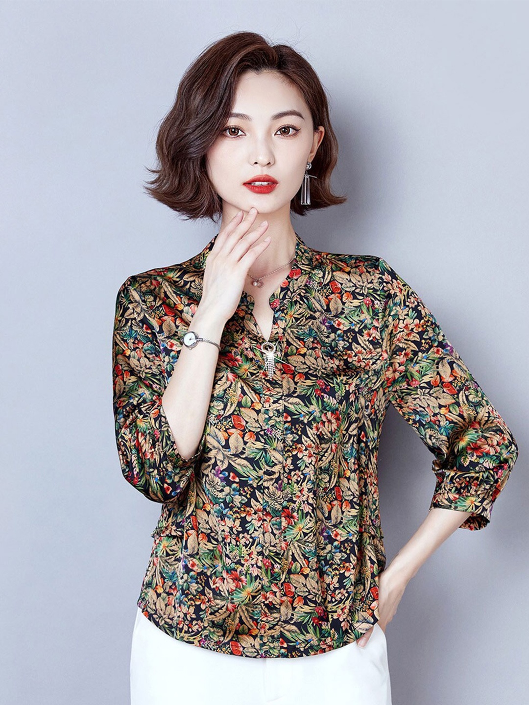 

JC Collection Mandarin Collar Floral Printed Shirt, Black