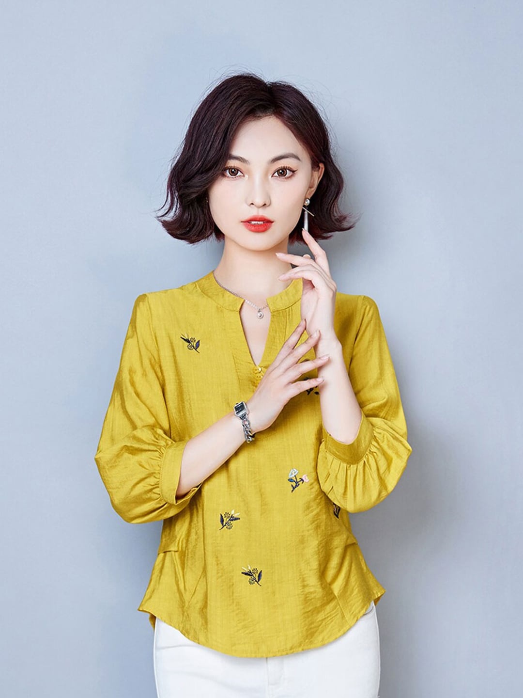 

JC Collection Floral Embroidered Mandarin Collar Shirt Style Top, Yellow