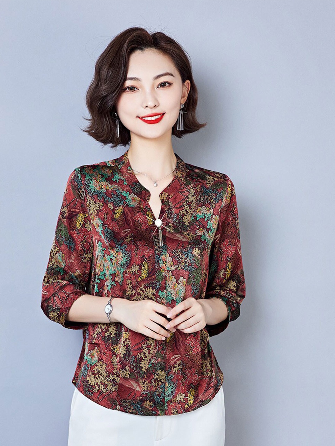 

JC Collection Floral Printed Mandarin Collar Shirt Style Top, Red