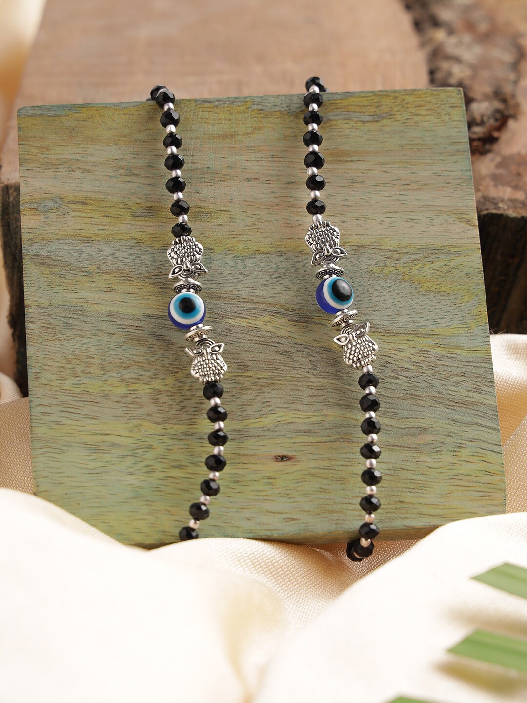 

Anouk Set Of 2 Blue & Black Silver-Plated & Beaded Owl & Evil Eye Anklets