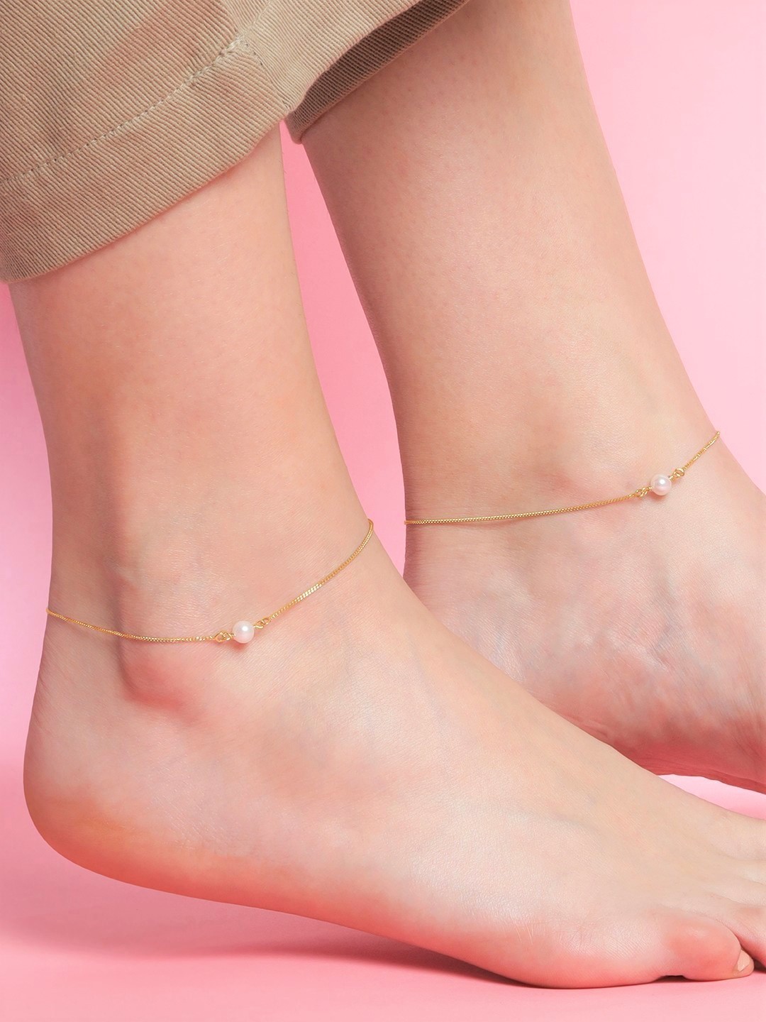 

Zavya Women Set of 2 Gold-Plated Pearl Studded Sterling Silver Anklets