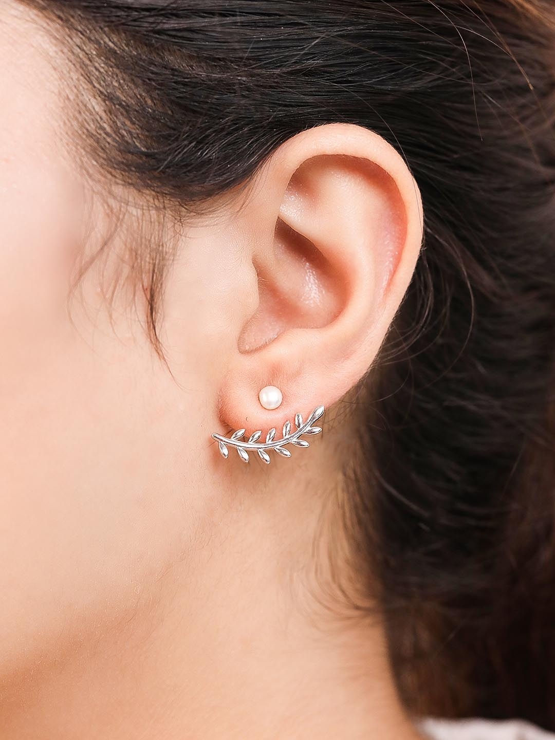 

Zavya Silver-Toned Rhodium-Plated Leaf-Shaped Chandbalis Earrings