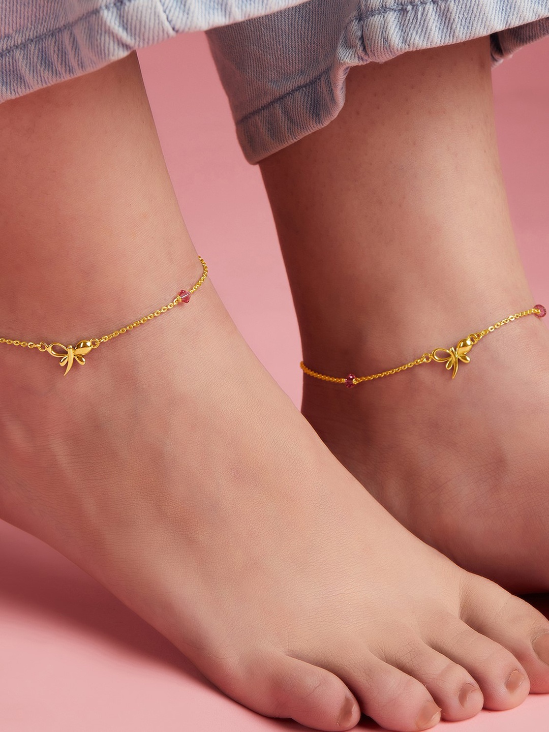 

Zavya Women Set of 2 Gold-Plated Stone Studded Sterling Silver Anklets