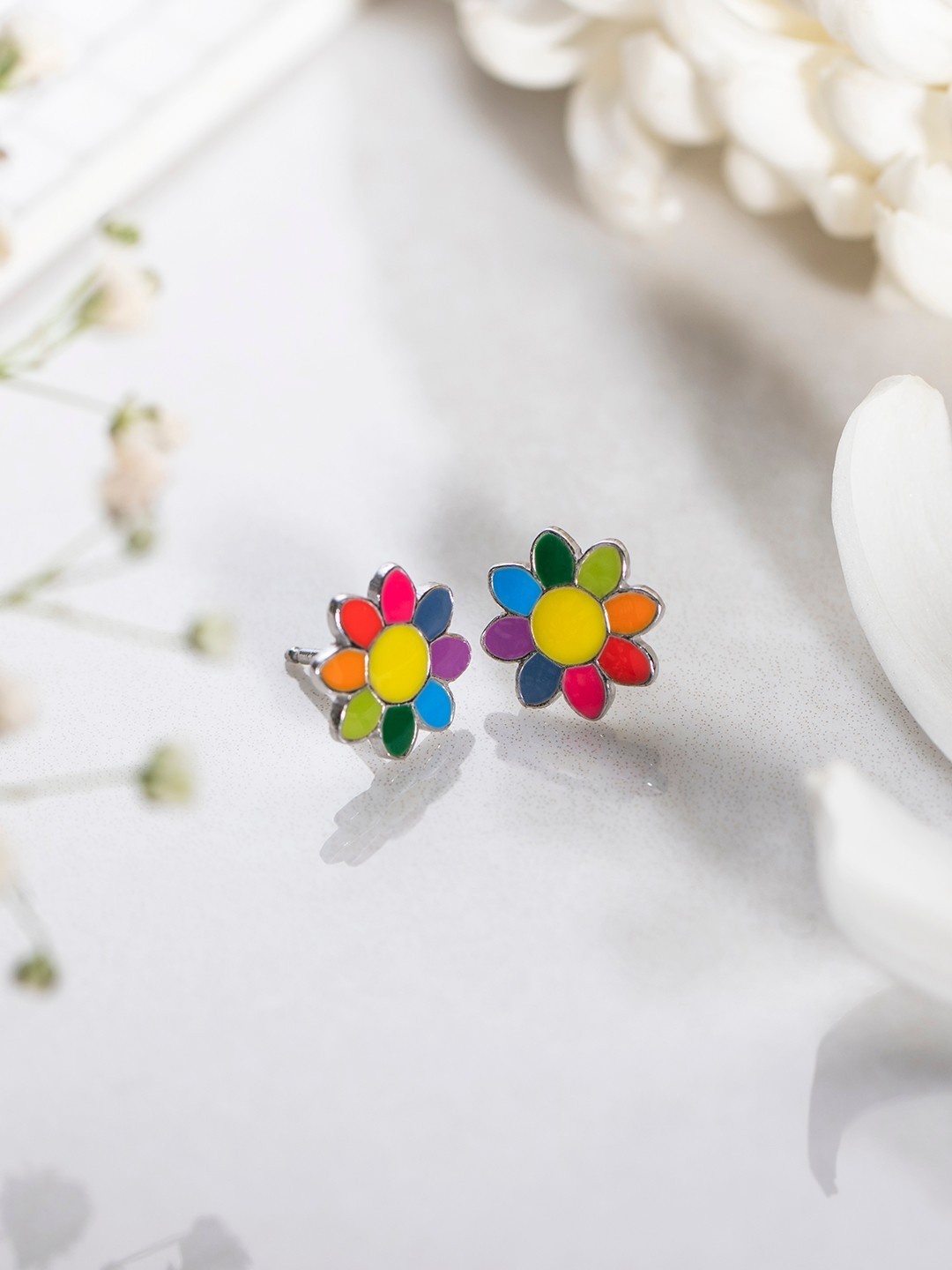 

Zavya Multicoloured Floral Studs Silver-Plated Earrings, Multi