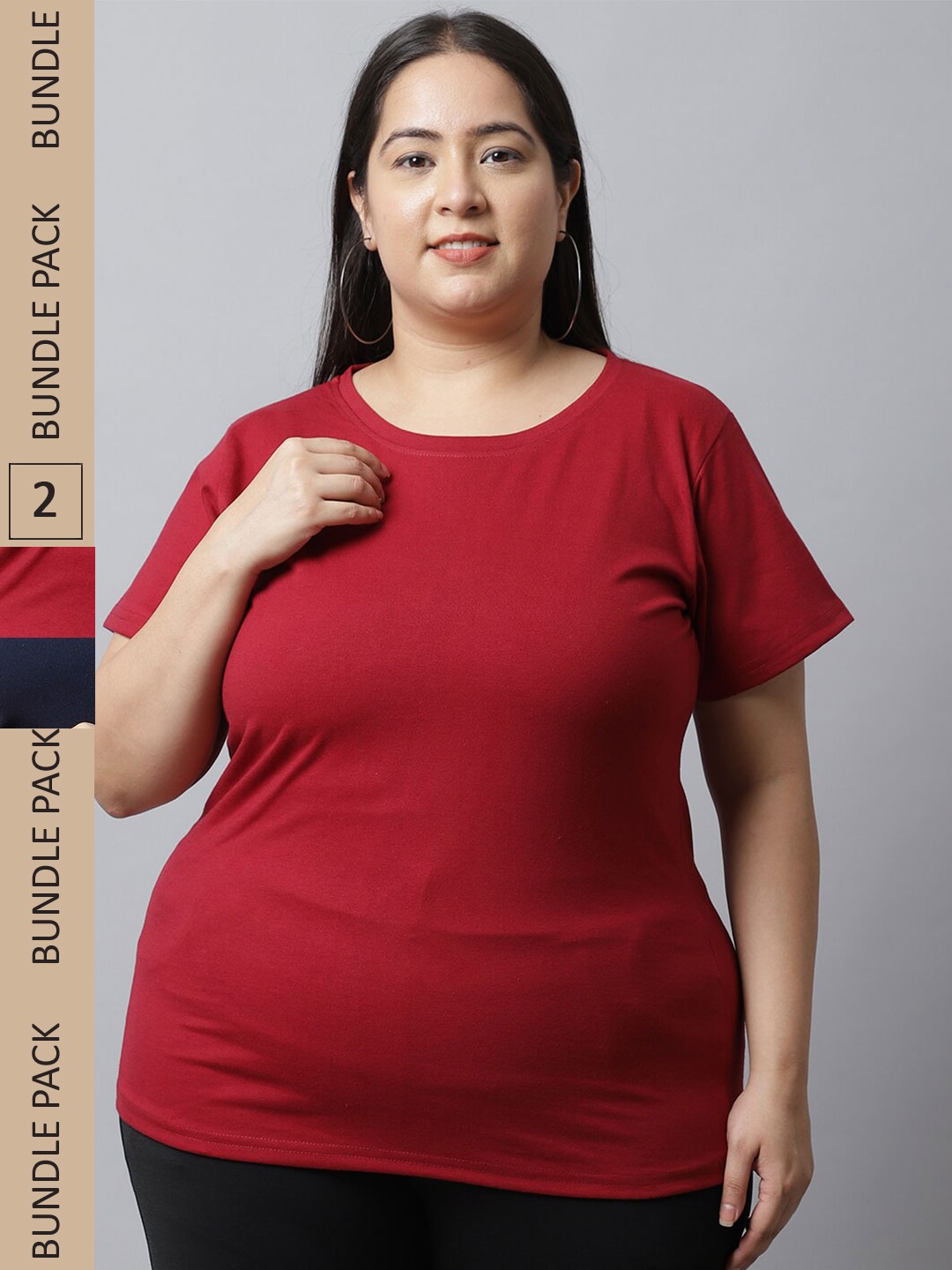 

UnaOne Plus Size Pack Of 2 Slim Fit Pure Cotton T-shirt, Navy blue