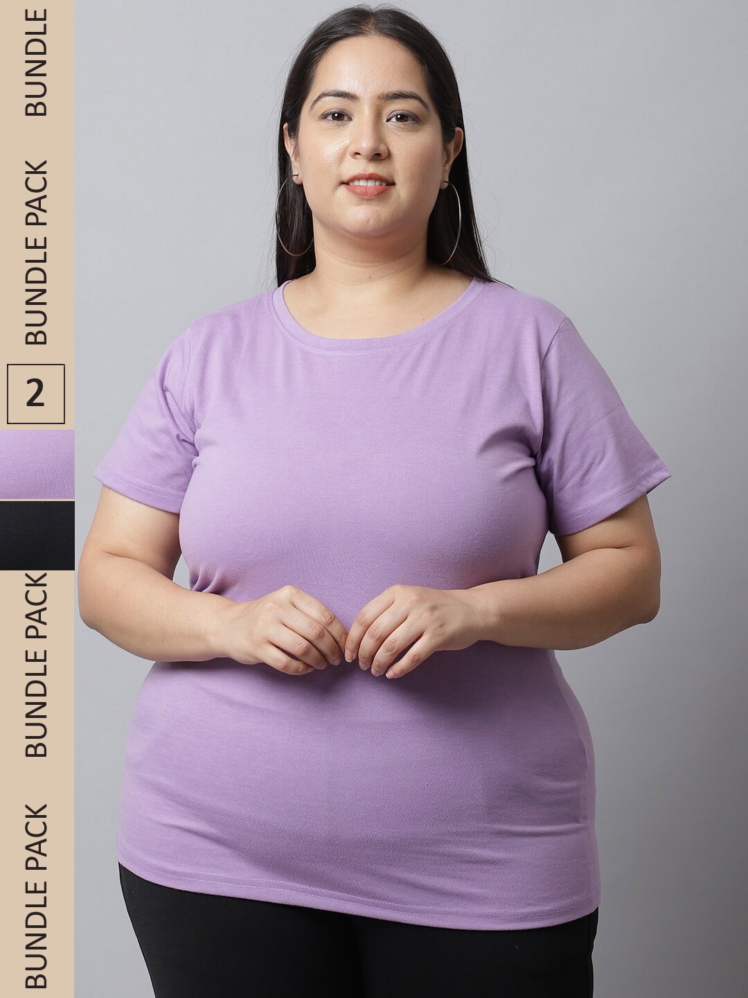 

UnaOne Plus Size Pack Of 2 Round Neck Cotton T-shirt, Black