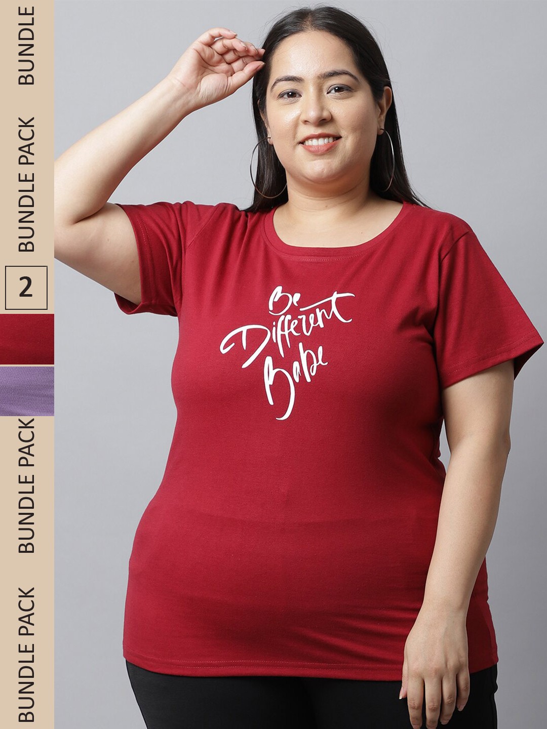 

UnaOne Plus Size Pack Of 2 Typography Printed Round Neck Cotton T-shirt, Maroon