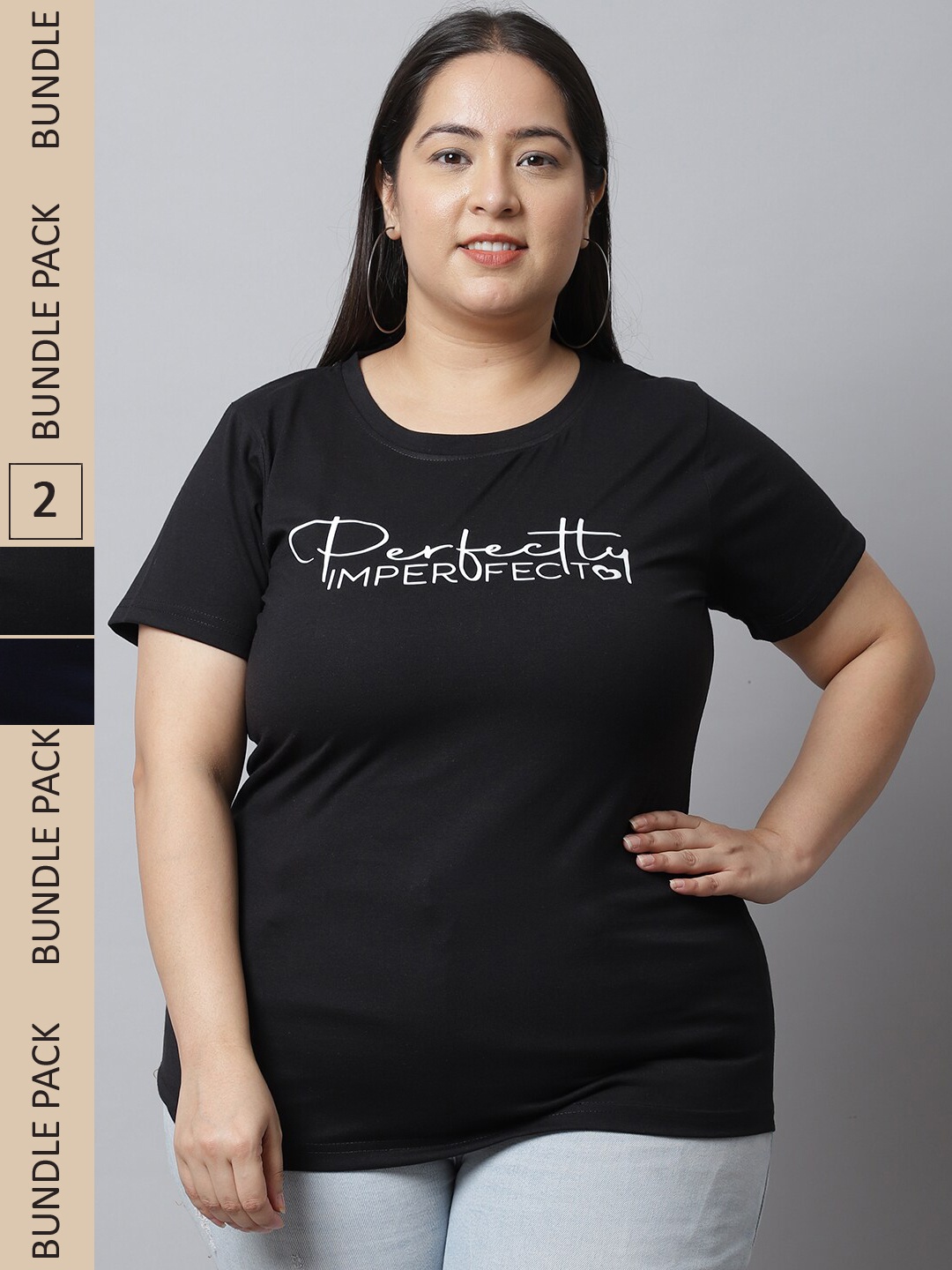 

UnaOne Plus Size Pack Of 2 Printed Pure Cotton T-shirt, Black