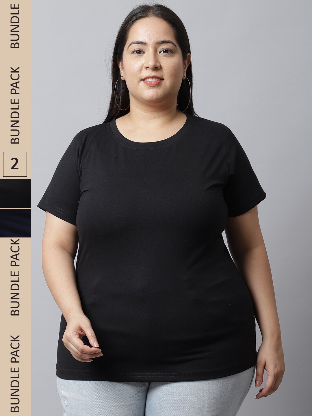 UnaOne Plus Size Pack Of 2 Slim Fit Cotton T-shirt, Black