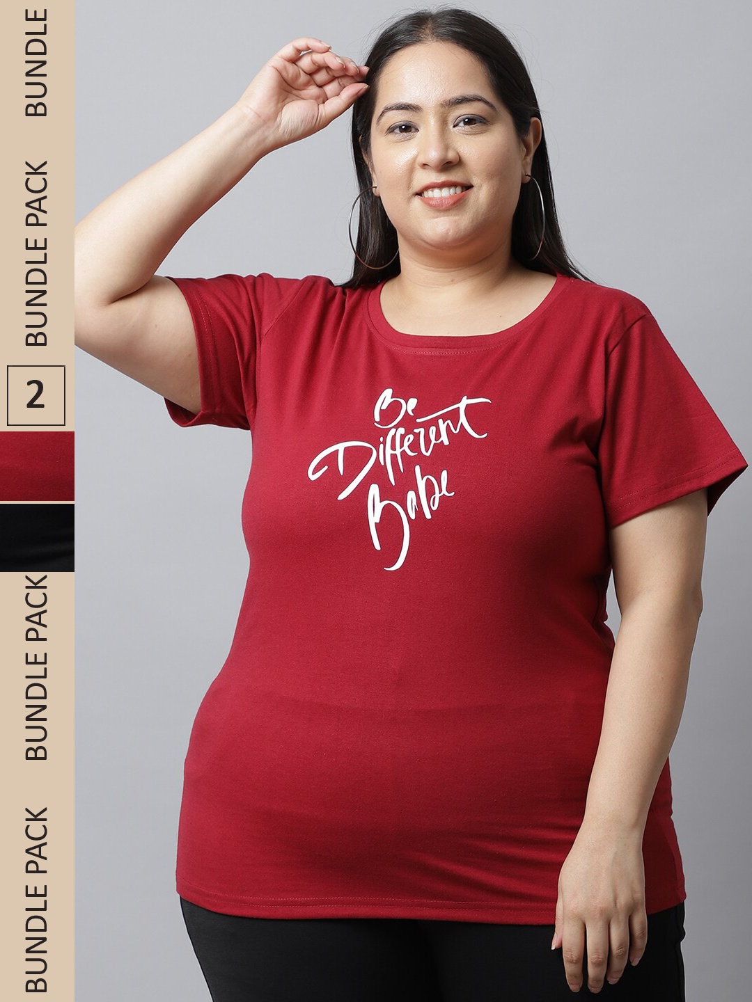 

UnaOne Plus Size Pack Of 2 Slim Fit Pure Cotton T-shirts, Black