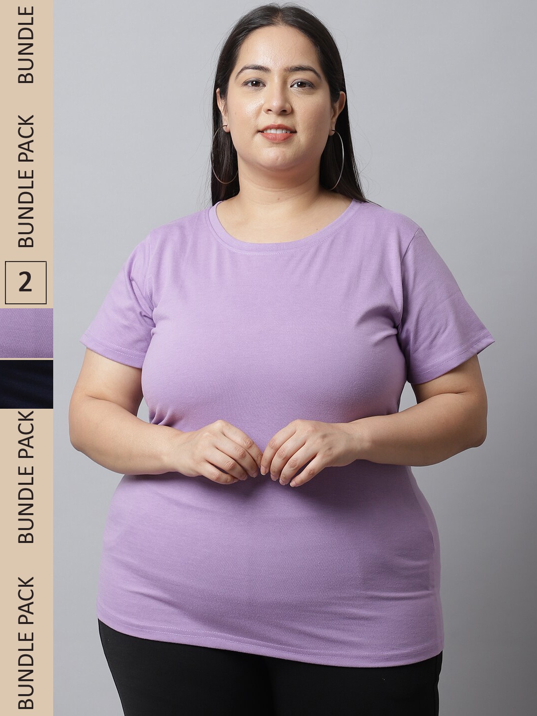 UnaOne Plus Size Pack Of 2 Printed Pure Cotton T-shirt, Navy blue