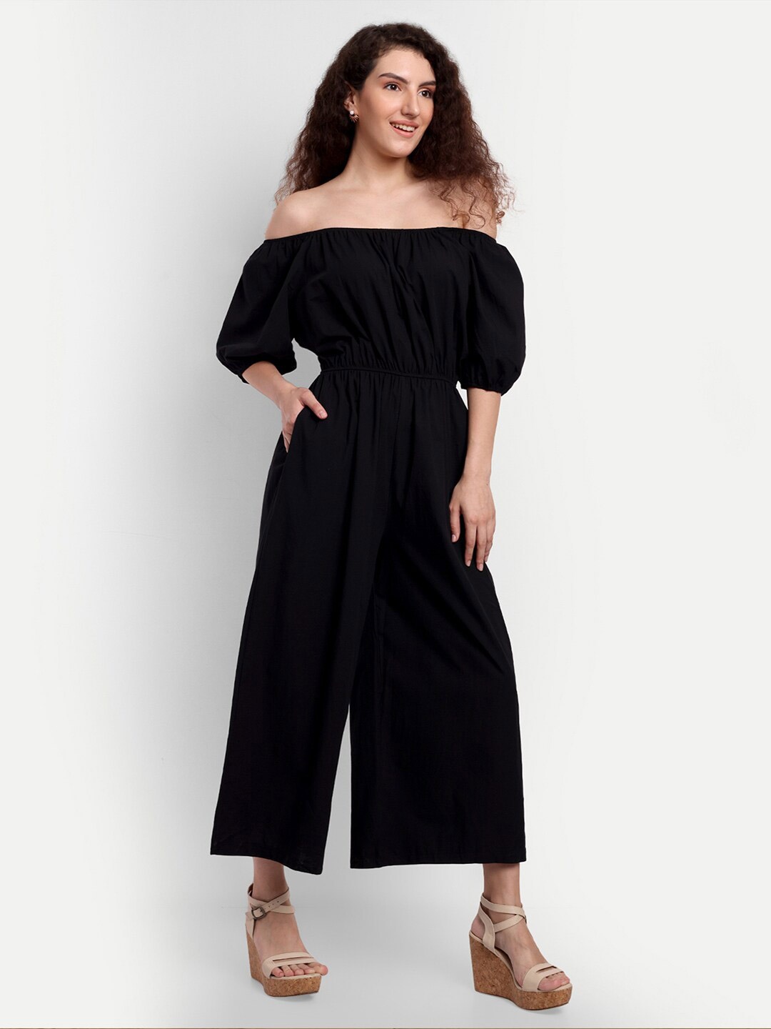 

iki chic Off-Shoulder Wide Leg Basic Jumpsuit, Black