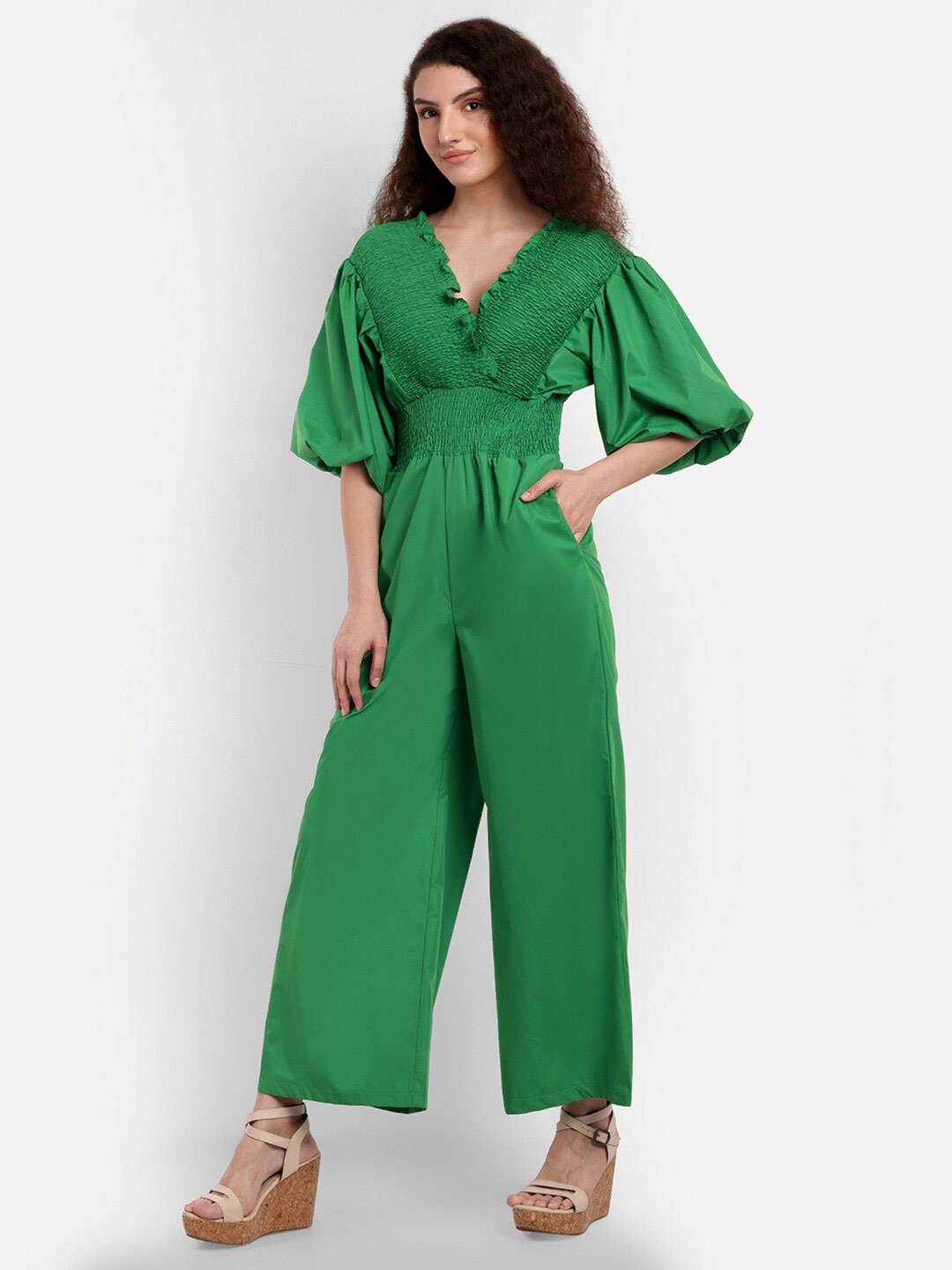 

iki chic V-Neck Smocking Puff Sleeves Basic Jumpsuit, Green