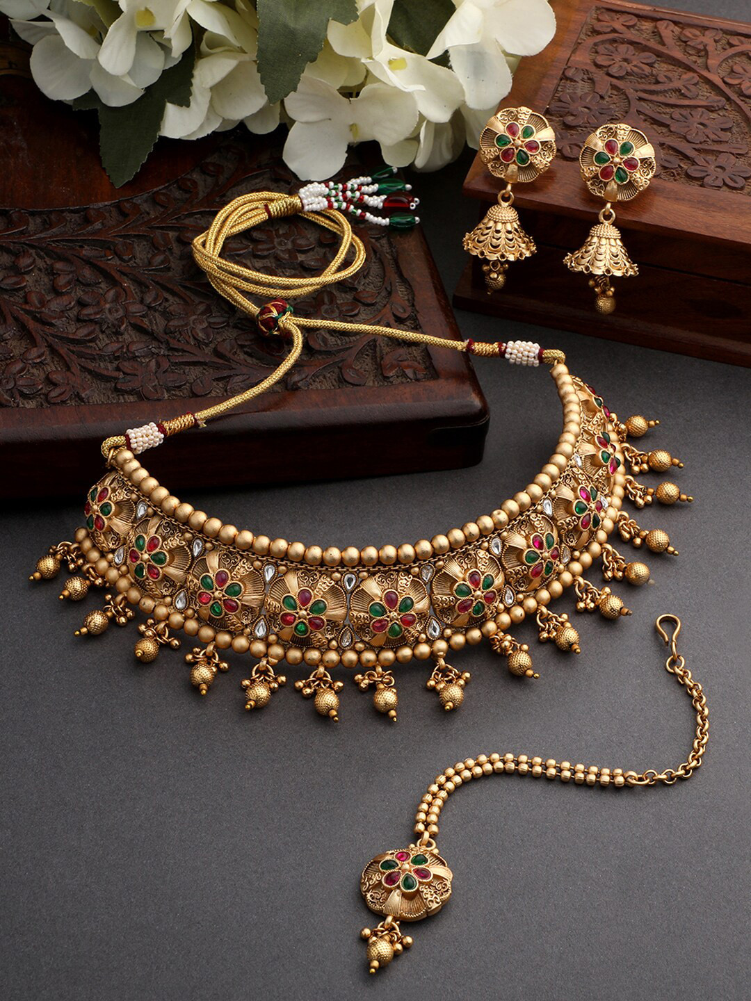

ASMITTA JEWELLERY Gold-Plated Stone-Studded Copper Jewellery Set