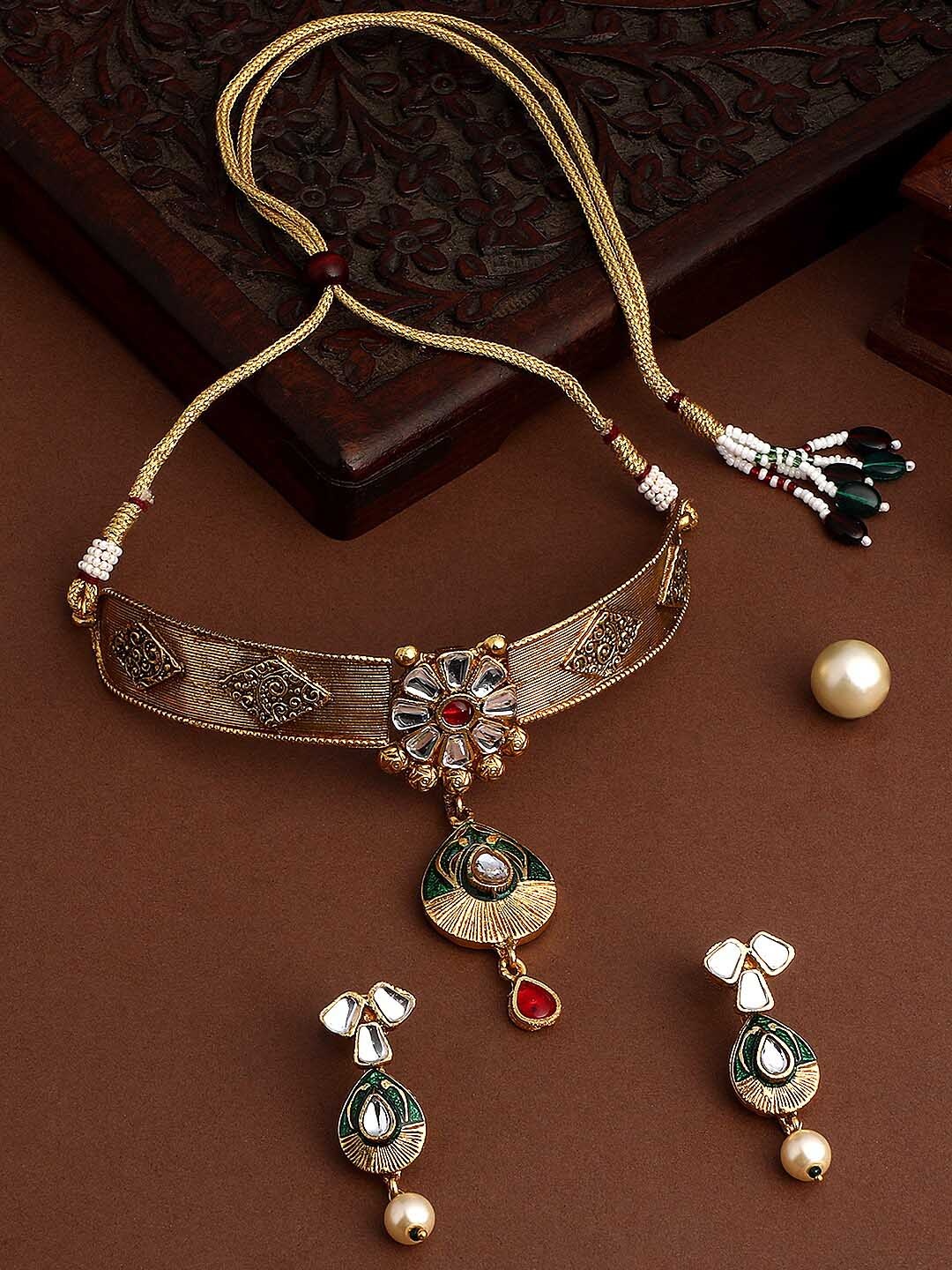 

ASMITTA JEWELLERY Gold-Plated Stone-Studded Copper Jewellery Set, Red