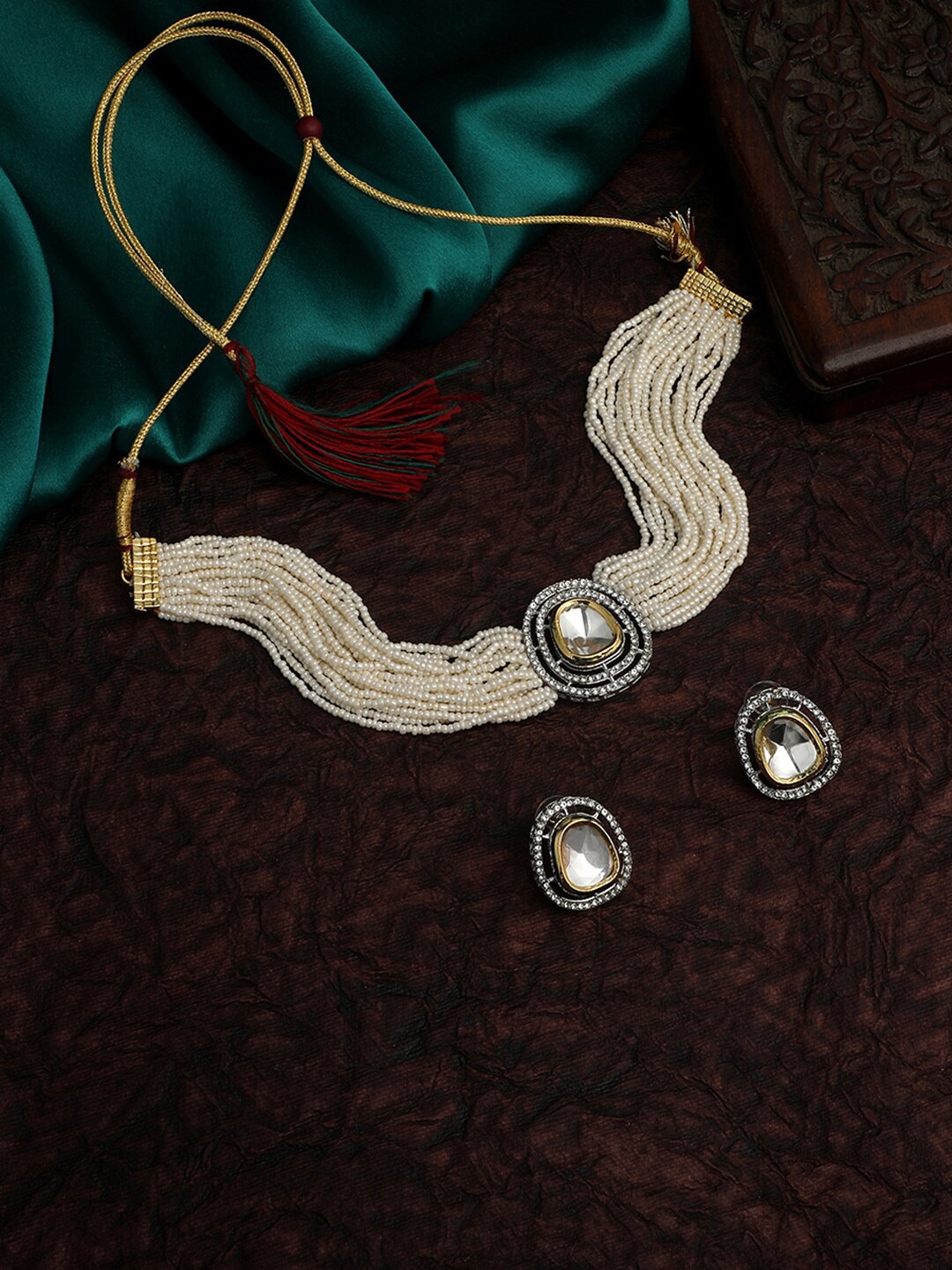 

ASMITTA JEWELLERY Gold-Plated Stone-Studded & Artificial-Beaded Jewellery Set, Grey