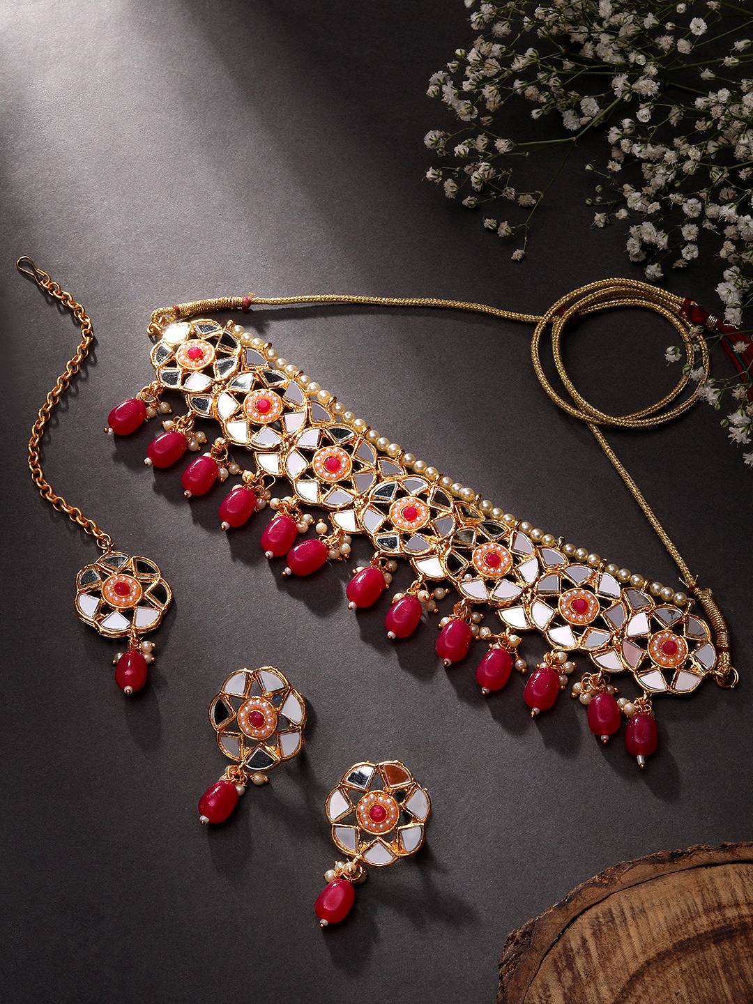 

ASMITTA JEWELLERY Gold-Plated Mirror-Studded & Beaded Jewellery Set