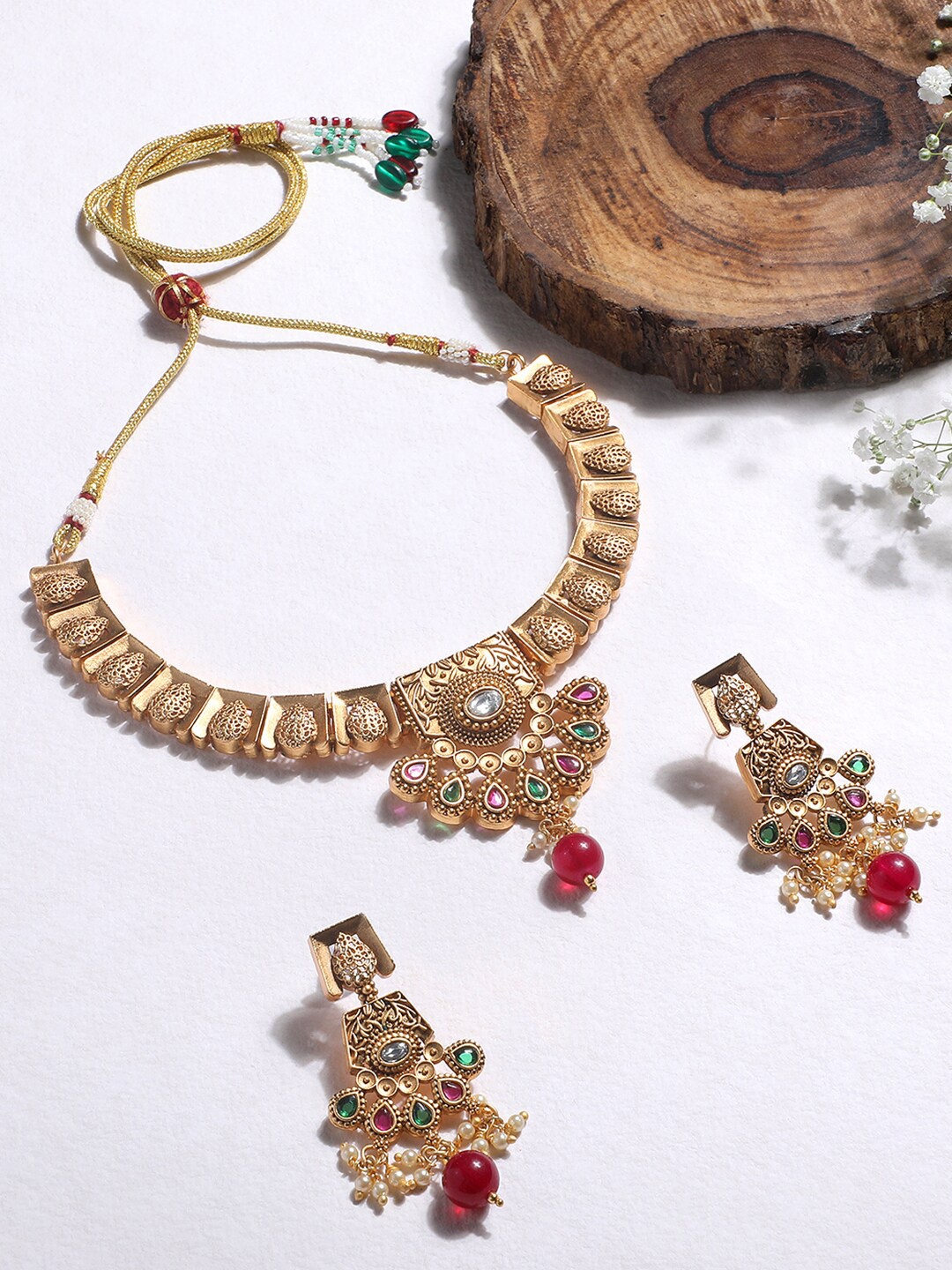 

ASMITTA JEWELLERY Gold-Plated Stone-Studded Copper Jewellery Set