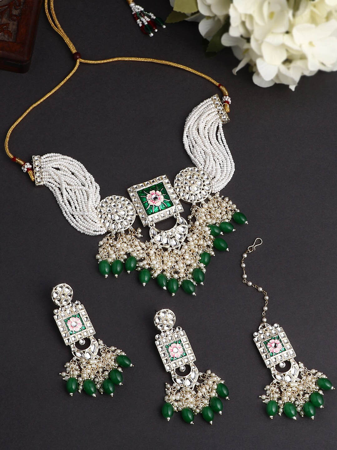 

ASMITTA JEWELLERY Gold-Plated Stone Studded & Beaded Meenakari Jewellery Set