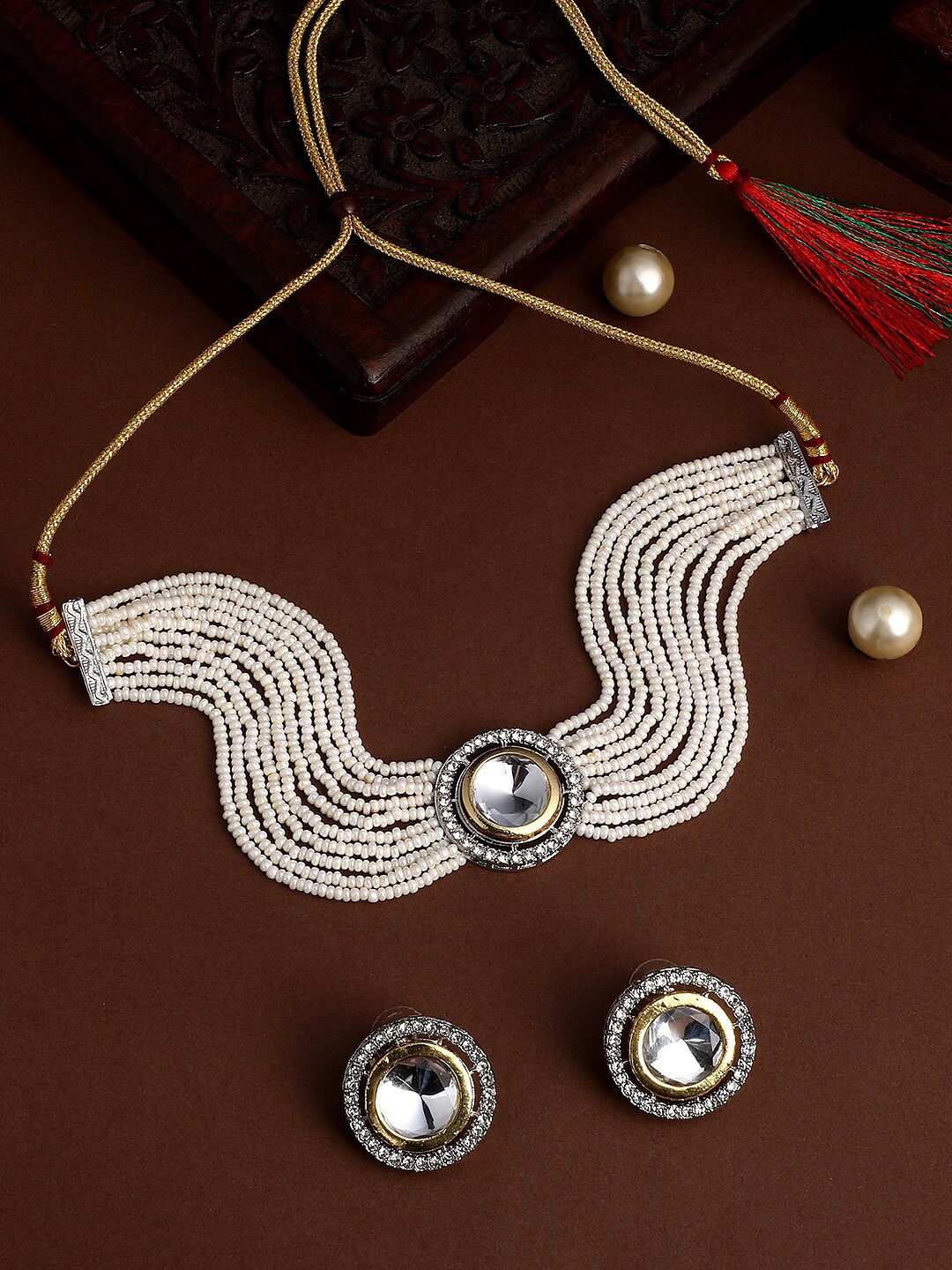 

ASMITTA JEWELLERY Gold-Plated Stone Studded & Pearls Beaded Choker Jewellery Set