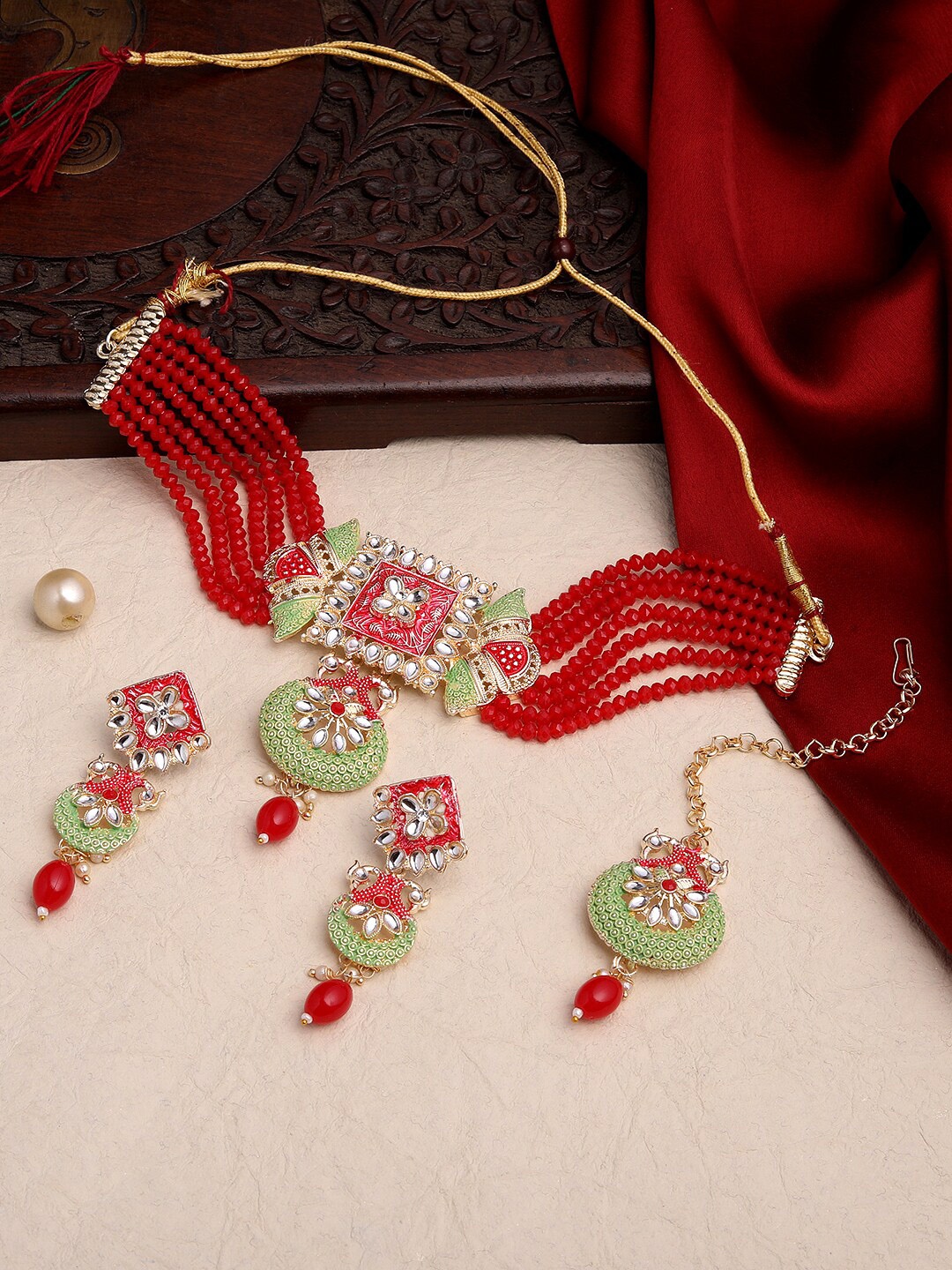 

ASMITTA JEWELLERY Gold-Plated Stone Studded & Pearls Beaded Choker Jewellery Set