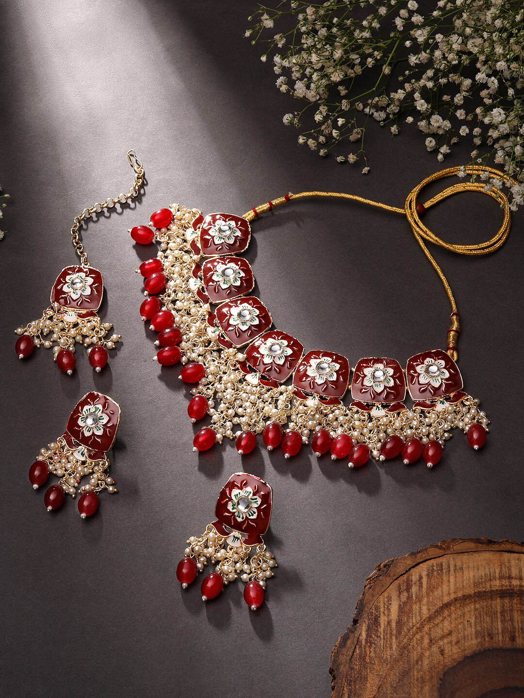 

ASMITTA JEWELLERY Gold-Plated Kundan-Studded & Pearl Beaded Jewellery Set