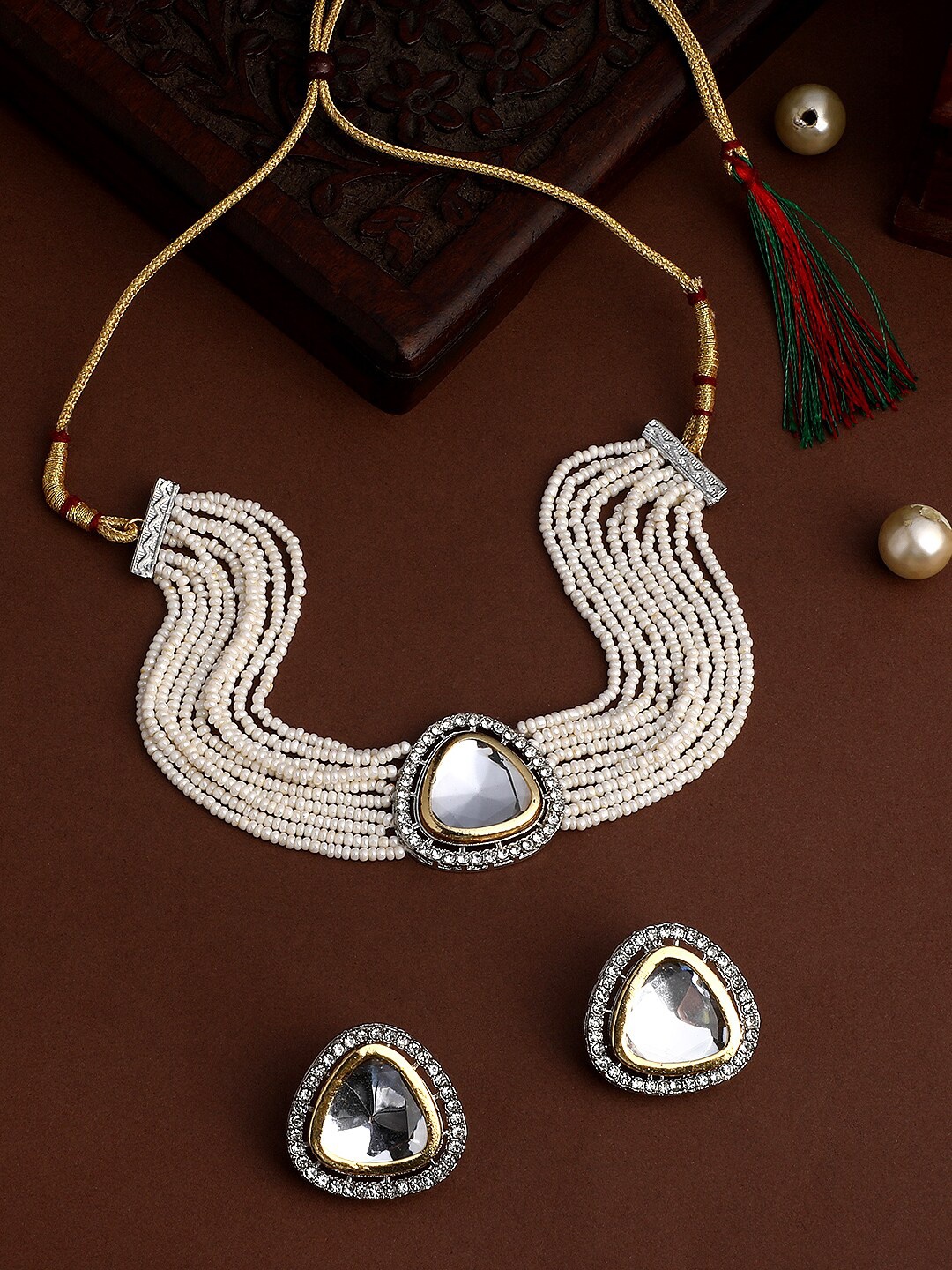 

ASMITTA JEWELLERY Pearl-Beaded & Stone-Studded Jewellery Set, Gold