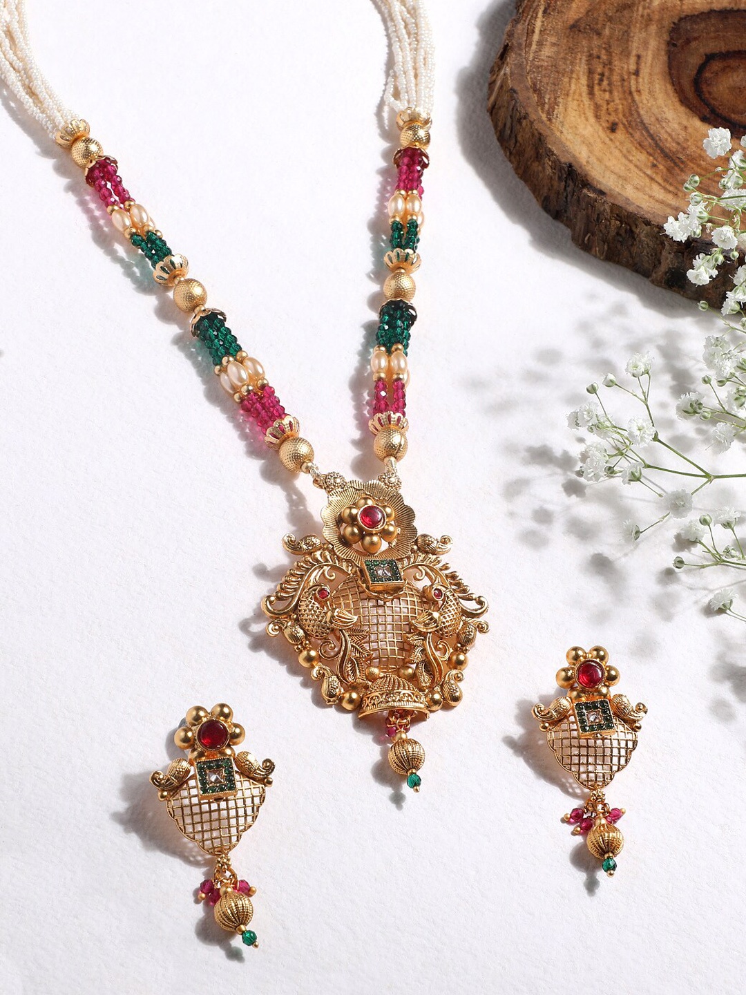 

ASMITTA JEWELLERY Gold-Plated Stone-Studded & Beaded Long Necklace and Earrings
