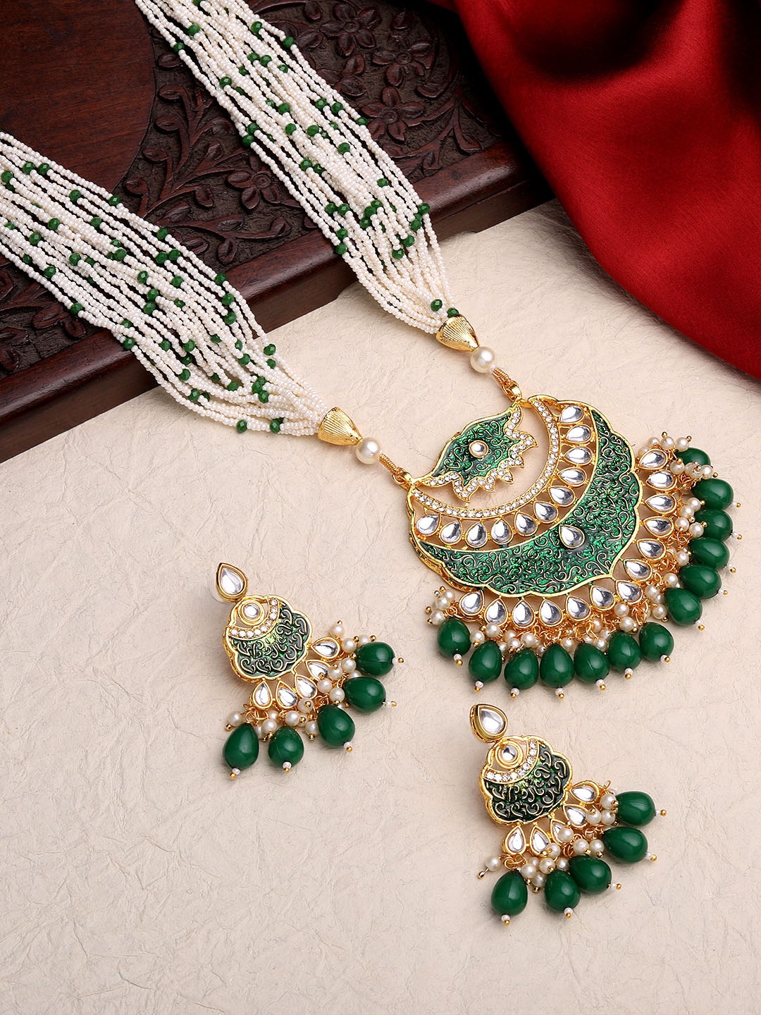 

ASMITTA JEWELLERY Gold-Plated Stone-Studded & Beaded Long Necklace and Earrings