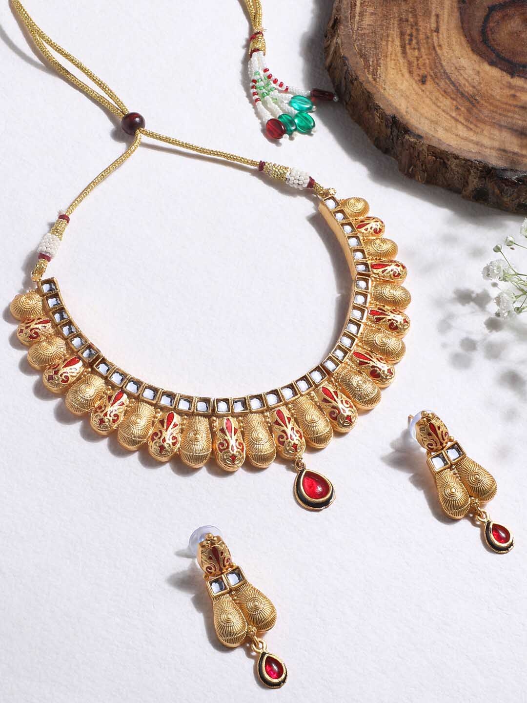 

ASMITTA JEWELLERY Gold-Plated Stone Studded Antique Necklace and Earrings