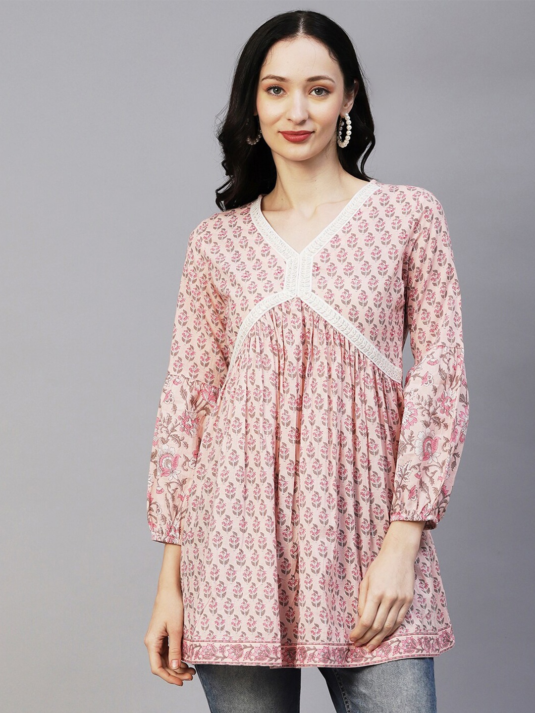

FASHOR Floral Printed V-Neck Pure Cotton Tunic, Pink