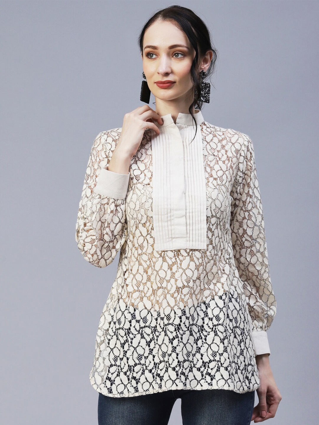 

FASHOR Floral Woven Design Pure Cotton Kurti, Off white