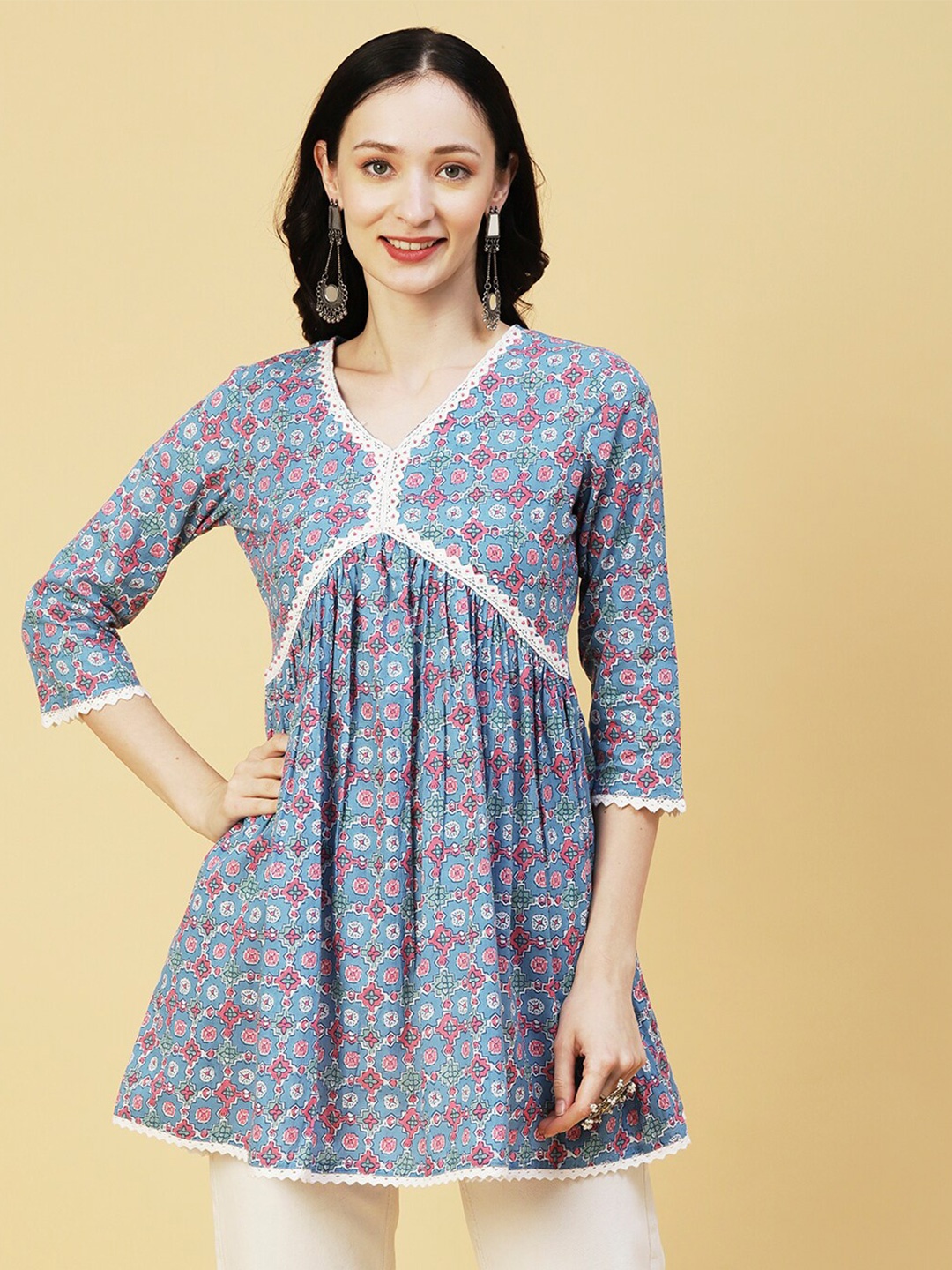 

FASHOR Ethnic Motifs Printed V-Neck Pure Cotton Tunic, Blue