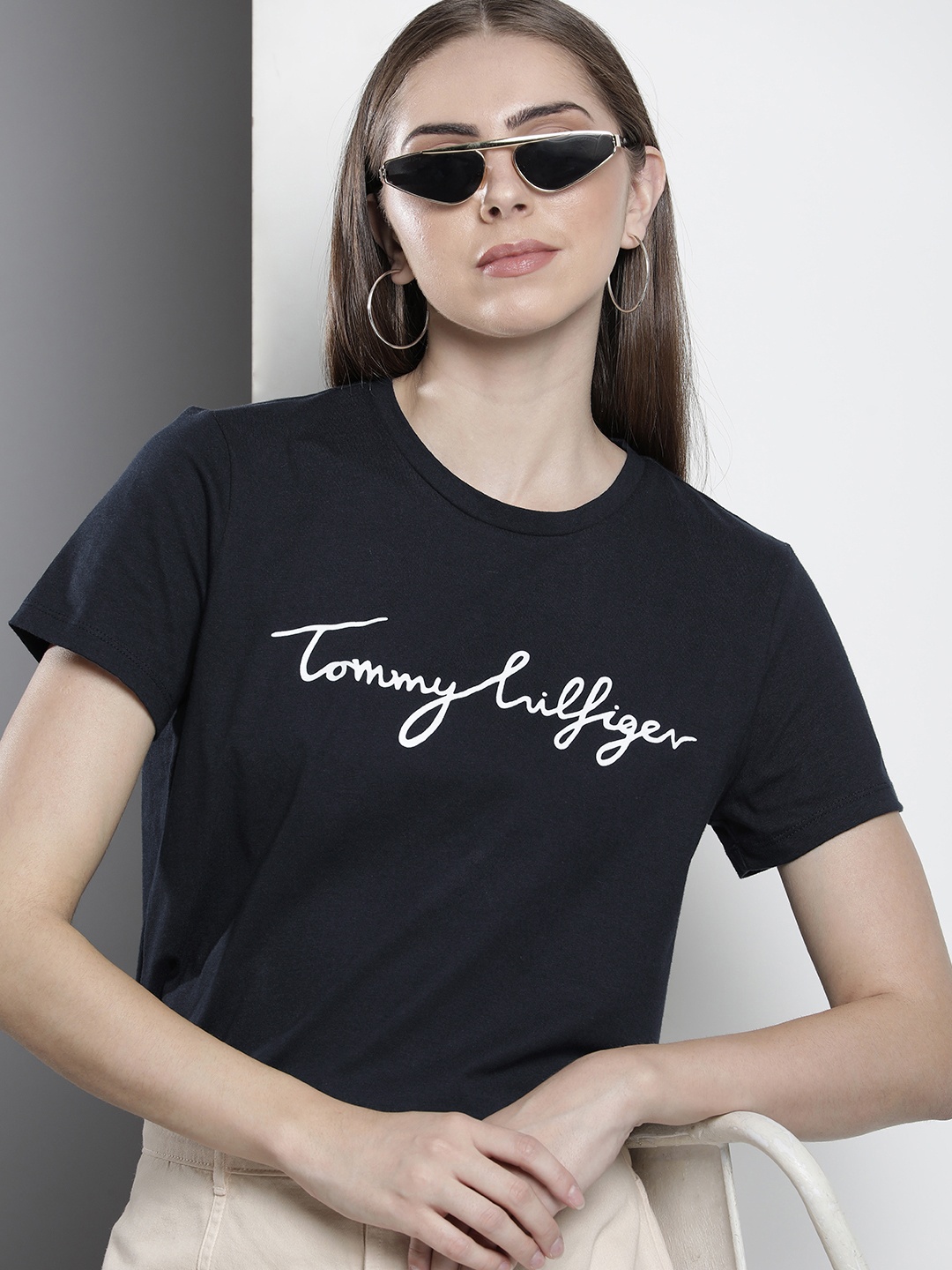 

Tommy Hilfiger Round Neck Typography Printed Pure Cotton T-shirt, Navy blue