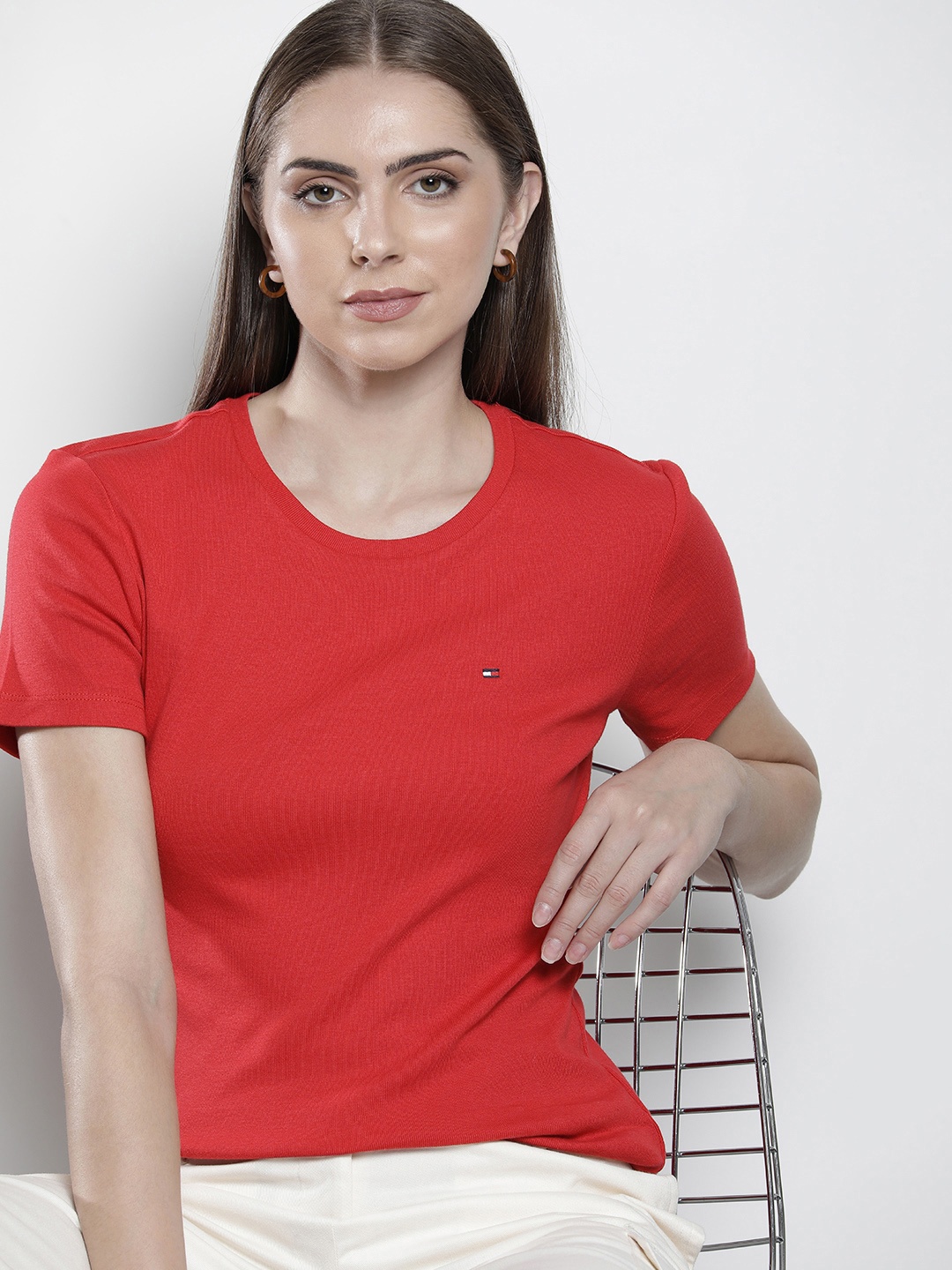 

Tommy Hilfiger Women Solid Pure Cotton T-shirt, Red