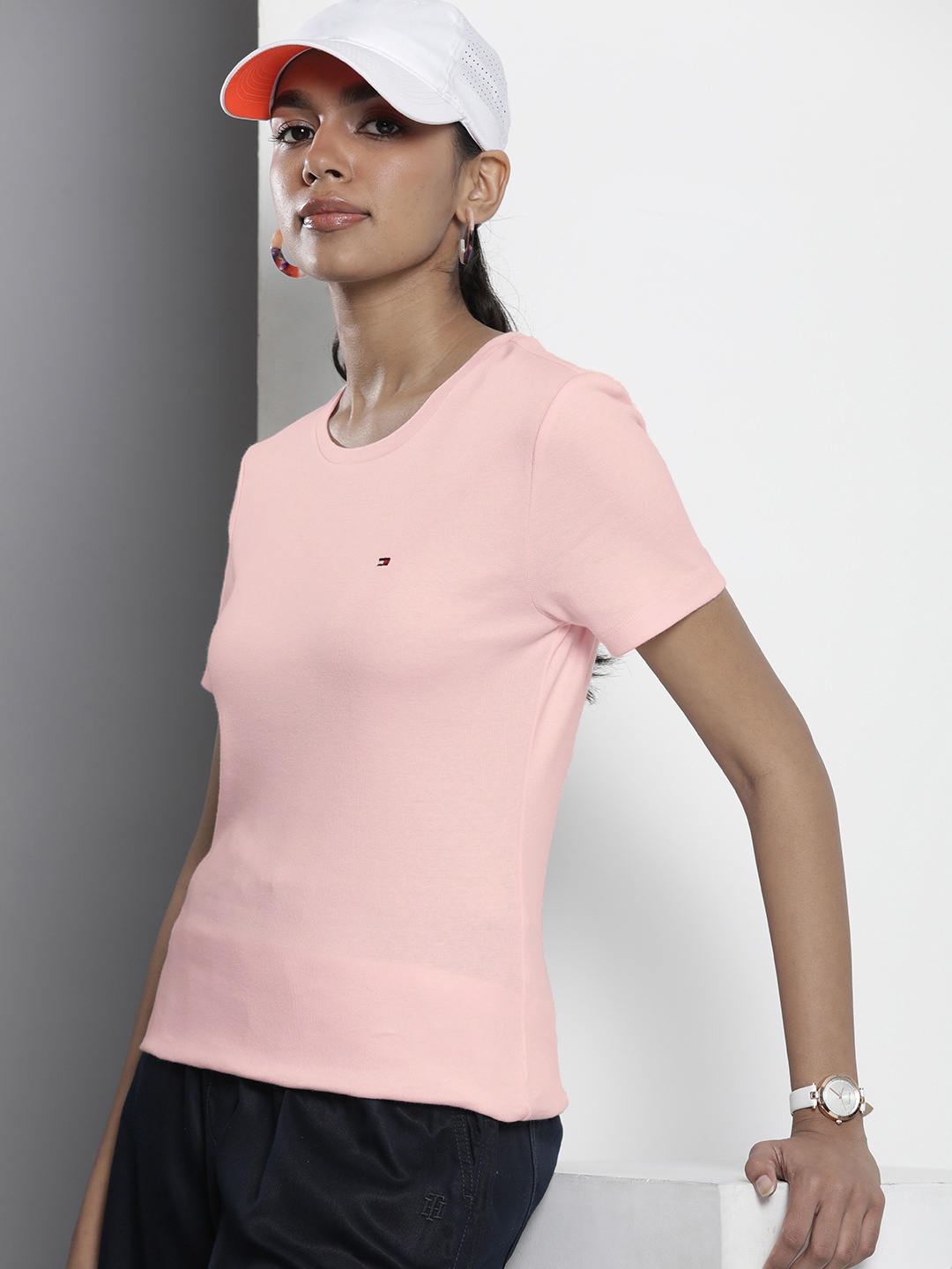 

Tommy Hilfiger Women Solid Pure Cotton T-shirt, Pink