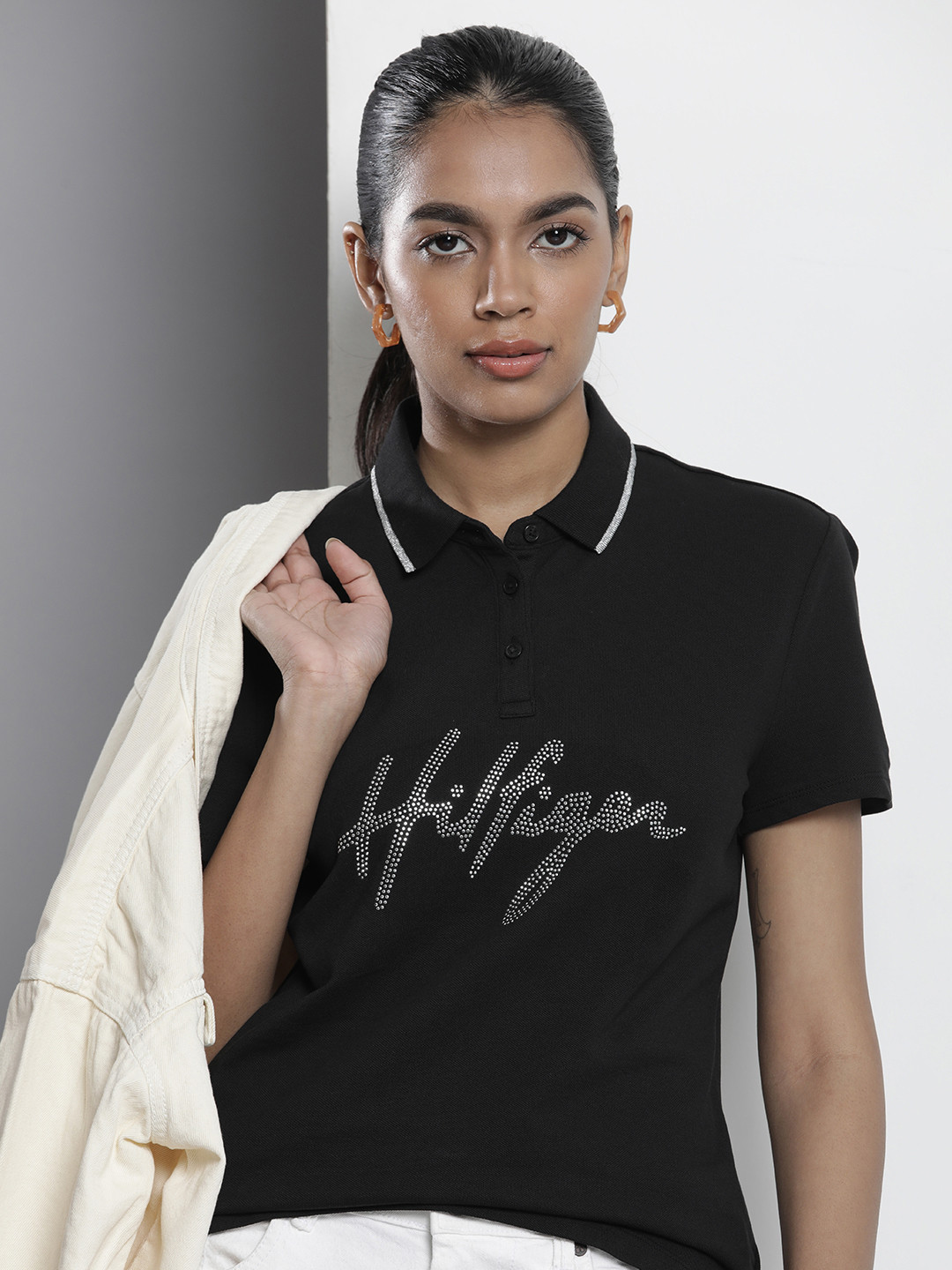 

Tommy Hilfiger Women Logo Polo Collar T-shirt With Stone Detailing, Black