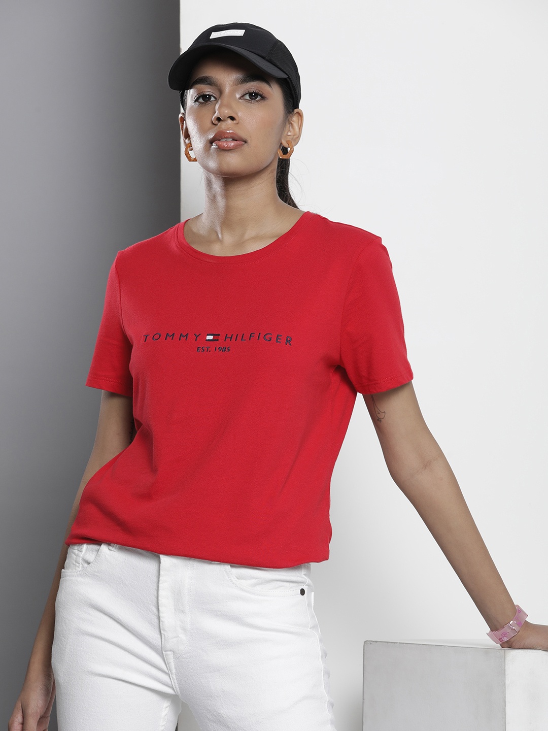 

Tommy Hilfiger Brand Logo Embroidered Pure Cotton T-shirt, Red