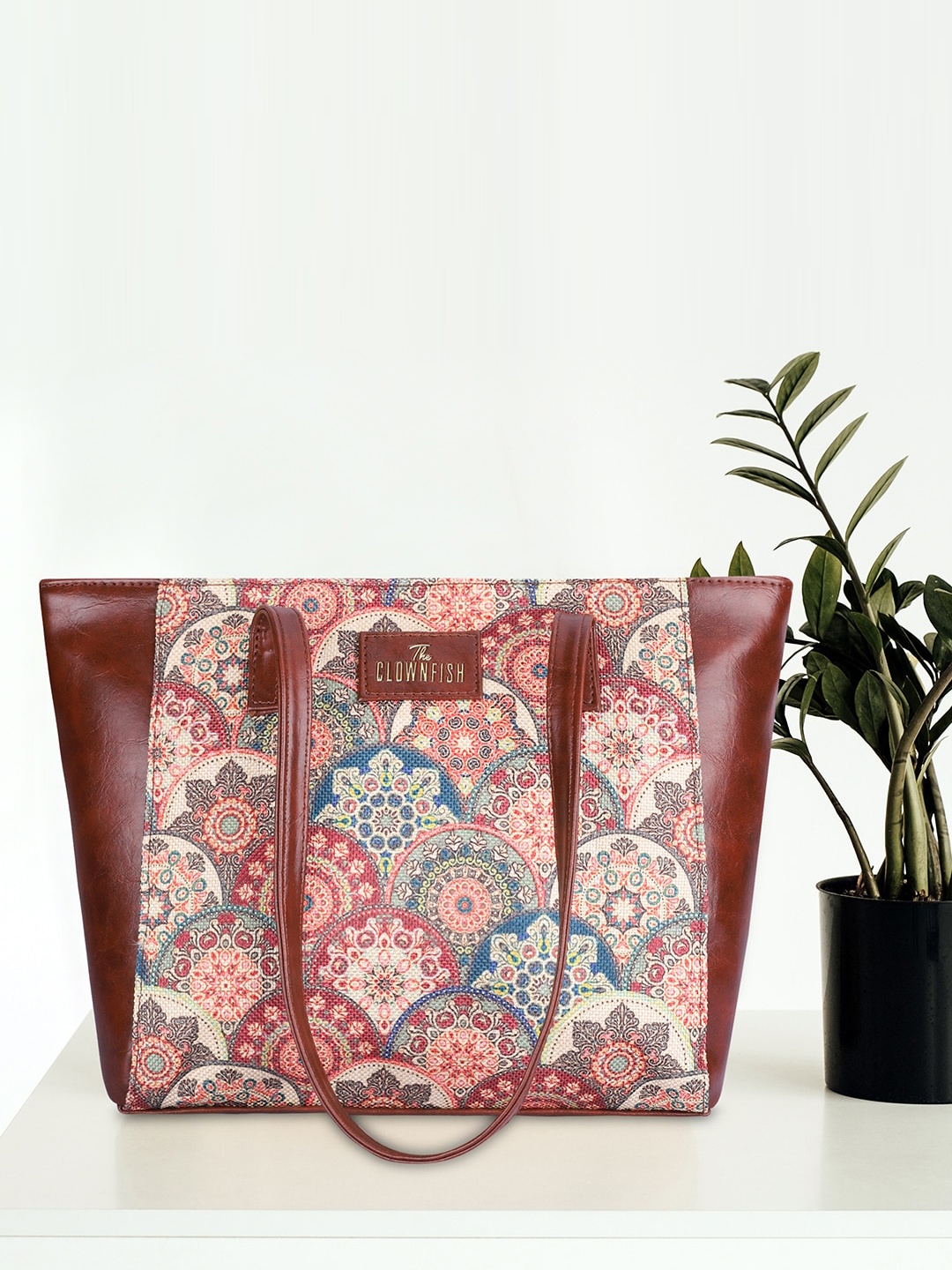 

THE CLOWNFISH Ethnic Motifs Printed Leather Structured Tote Bag, Brown