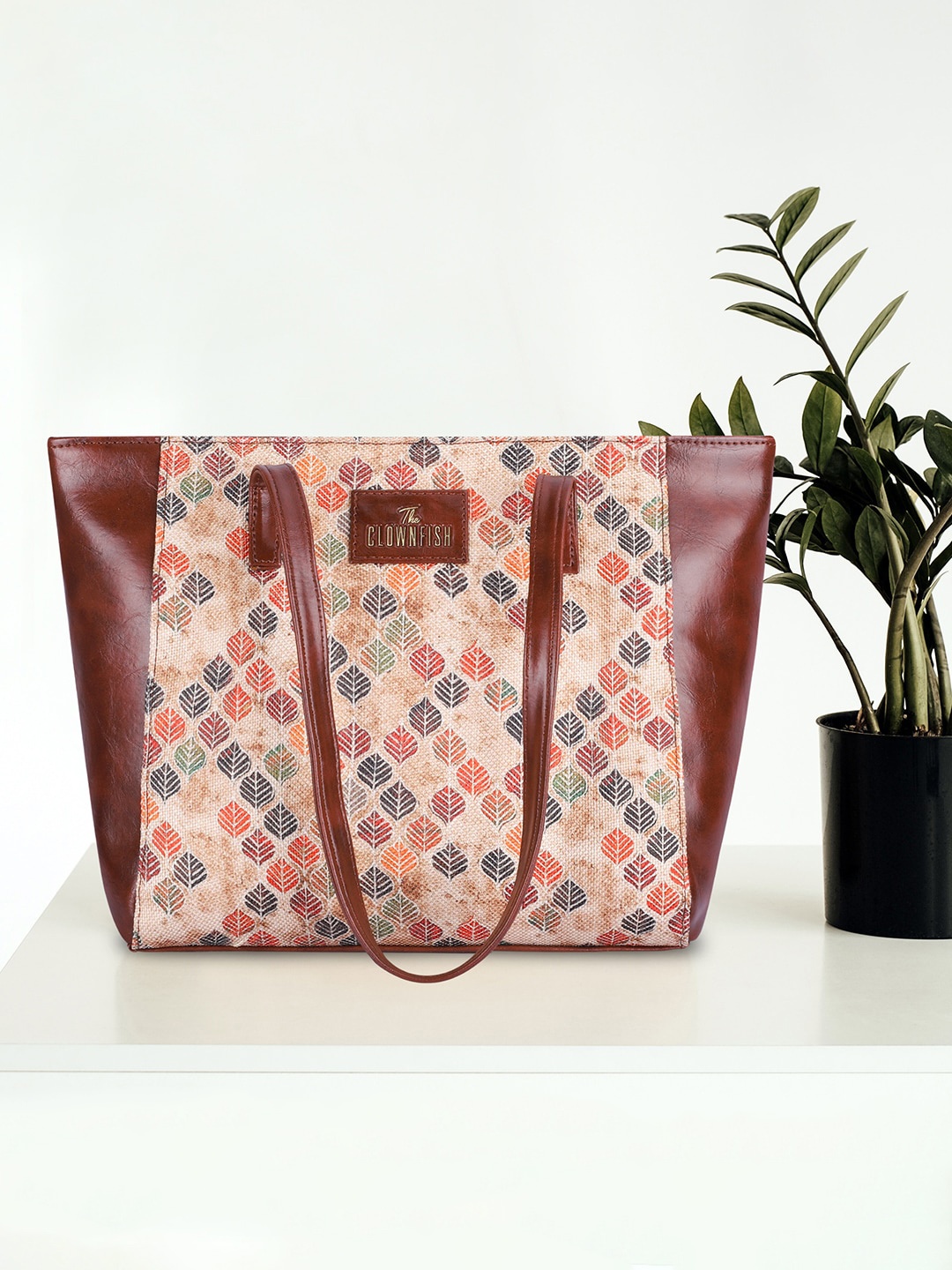 

THE CLOWNFISH Floral Printed Leather Shopper Shoulder Bag, Beige