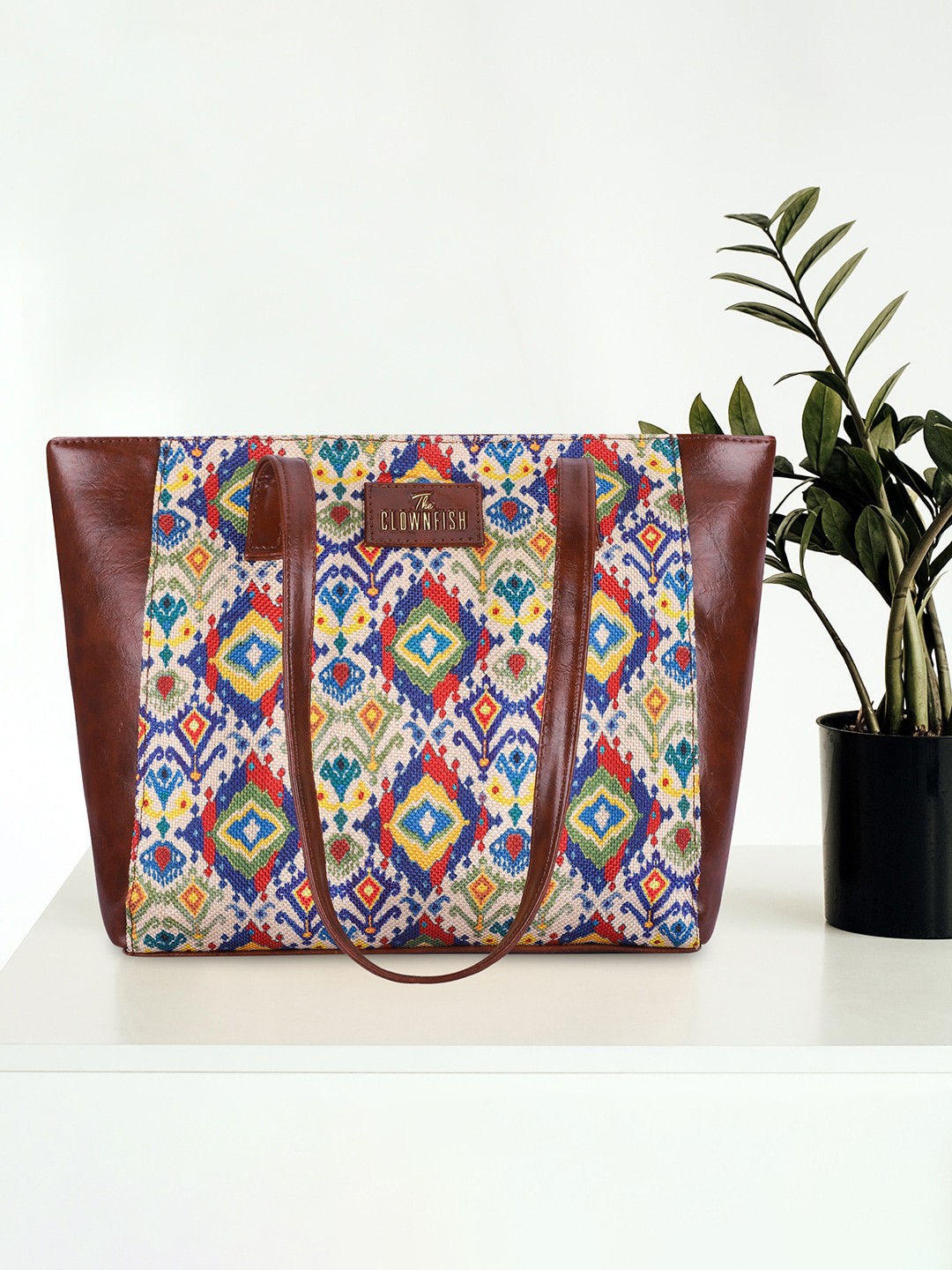 

THE CLOWNFISH Valentine Floral Printed Leather Structured Tote Bag, Navy blue
